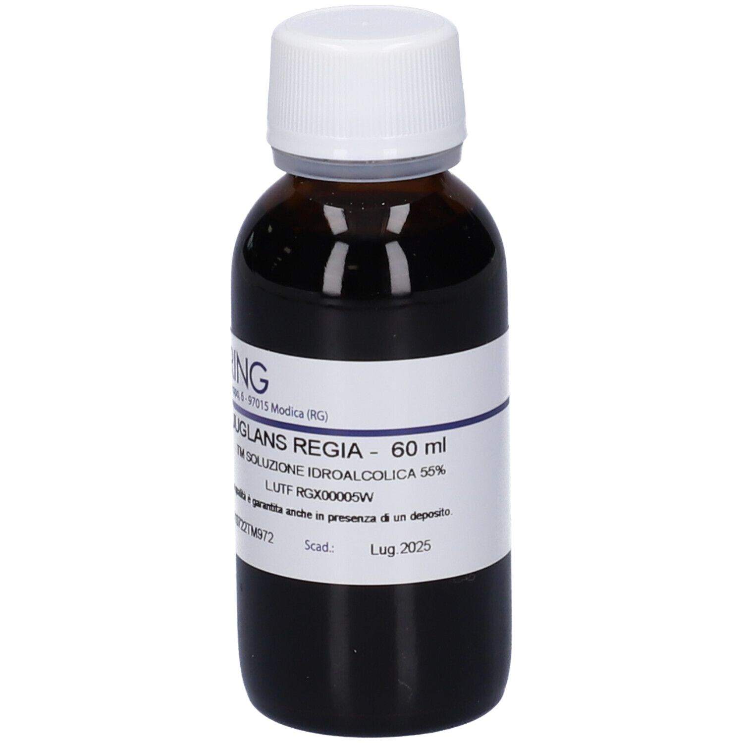 Flacone di vetro marrone con tappo bianco. Etichetta con nome e informazioni. Liquido marrone scuro.