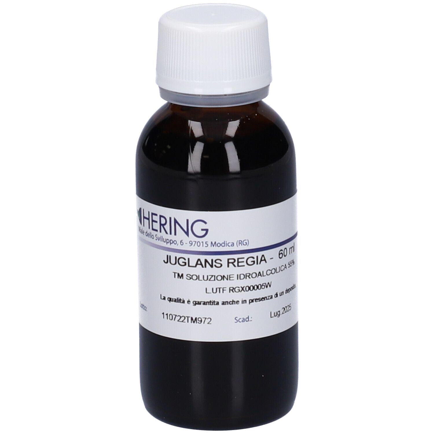 Flacone di vetro marrone con tappo bianco. Etichetta con nome e informazioni. Liquido marrone scuro.