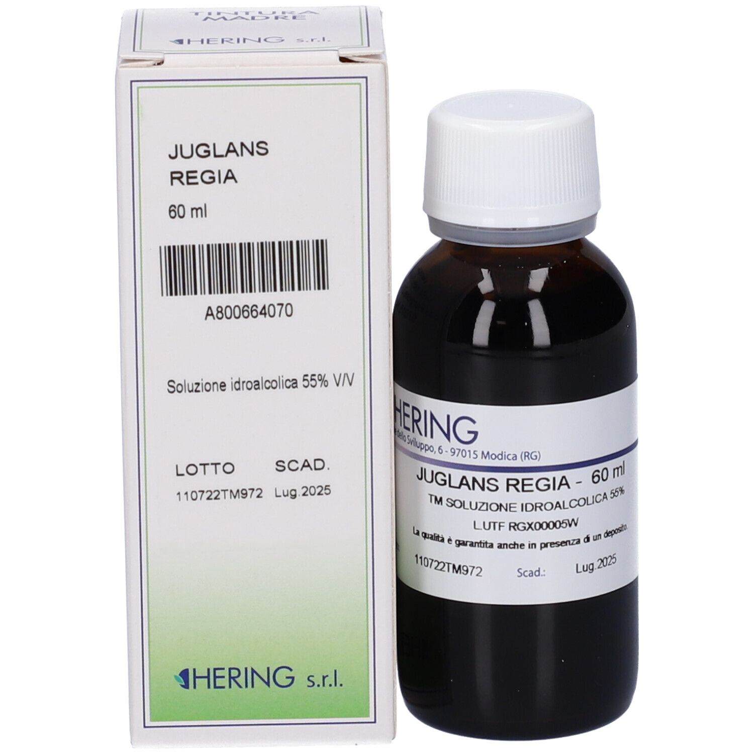 Flacone di vetro marrone con tappo bianco e scatola. Scatola con nome e informazioni. Flacone accanto.