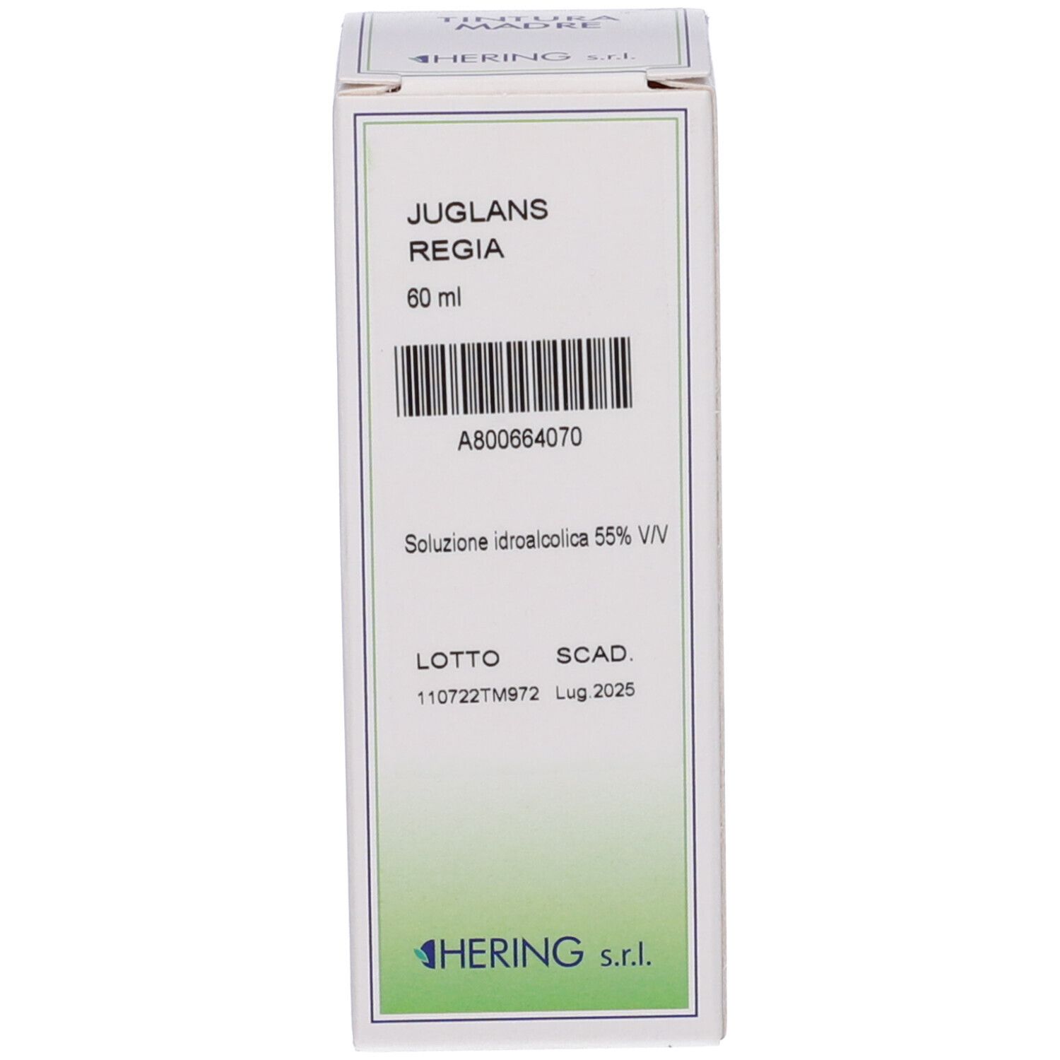 Scatola rettangolare bianca con nome e informazioni. Codice a barre e logo.
