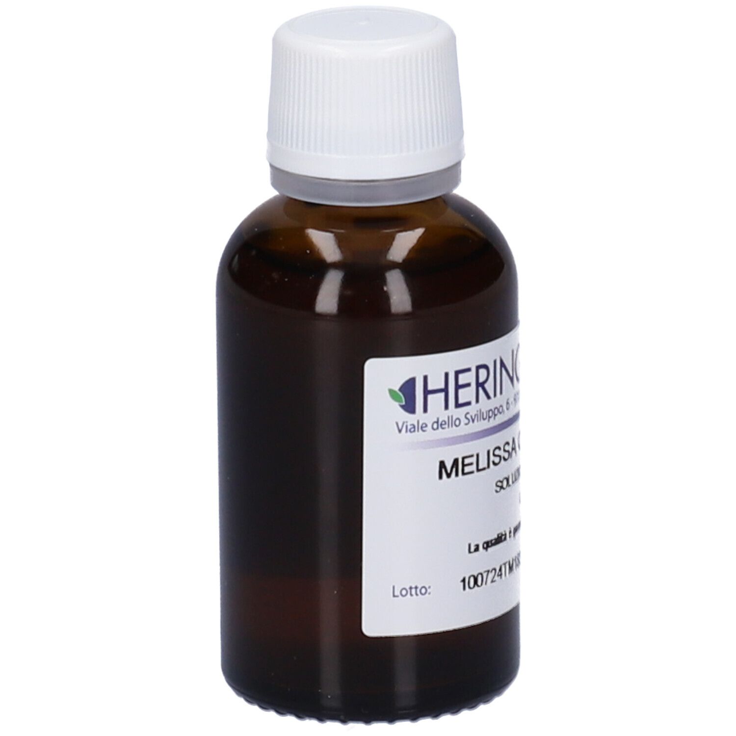 Flacone di vetro marrone con tappo bianco. Etichetta con testo: Hering, Melissa Officinalis, Soluzione Idroalcolica.