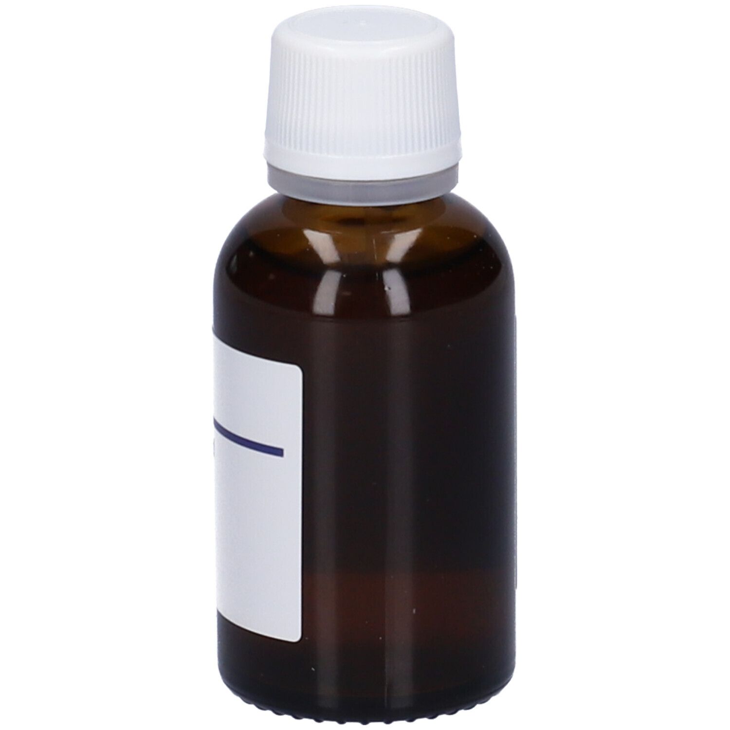 Flacone di vetro marrone con tappo bianco. Etichetta bianca con linea blu.