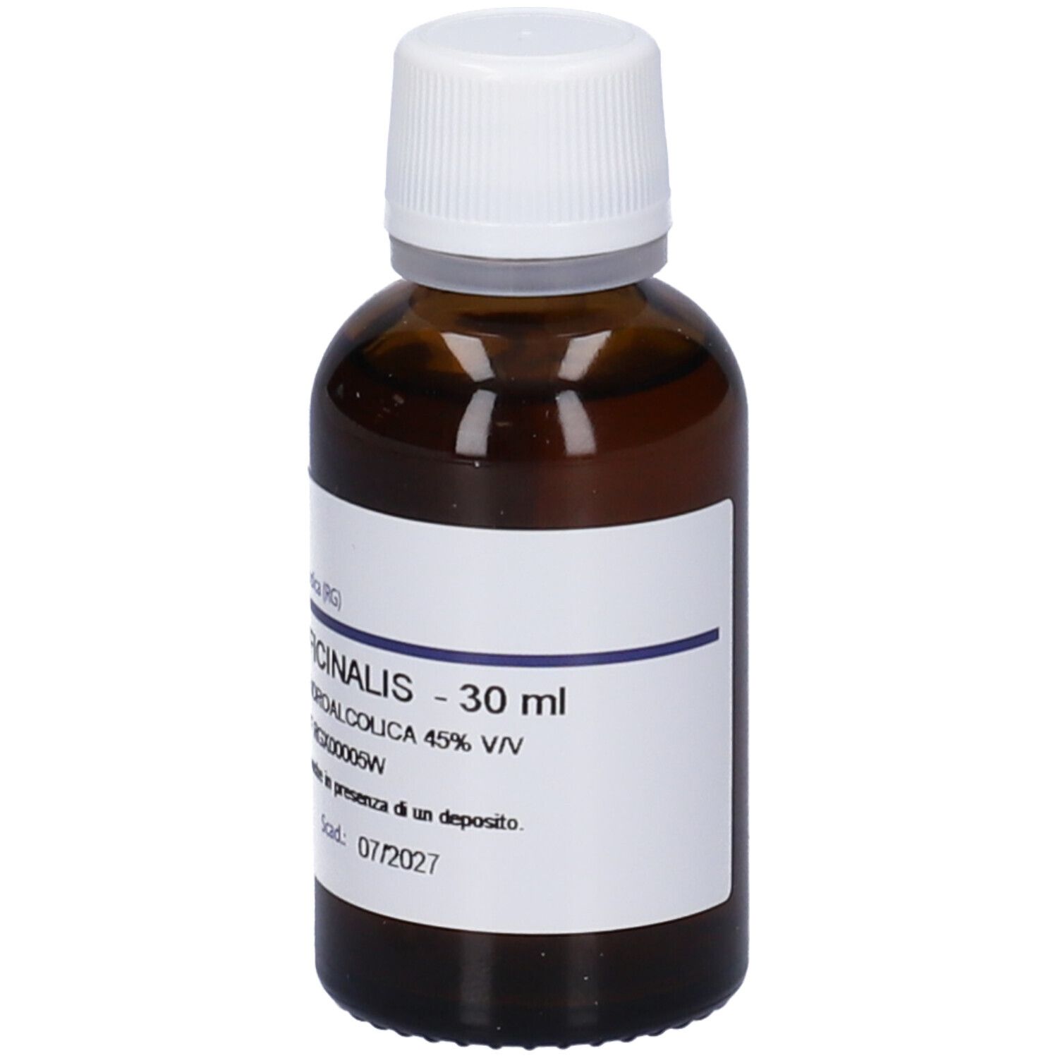 Flacone di vetro marrone con tappo bianco. Etichetta con testo: Officinalis - 30 ml, Soluzione Idroalcolica 45% V/V. Scadenza 07/2027.