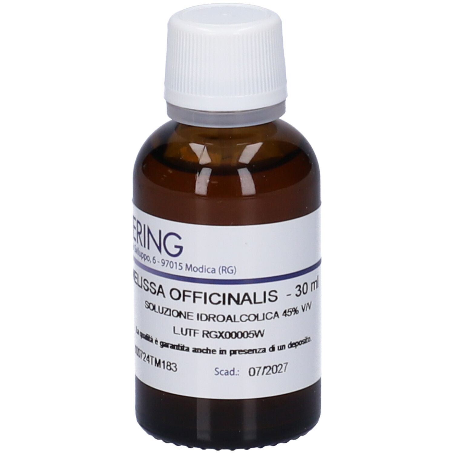 Flacone di vetro marrone con tappo bianco. Etichetta con testo: Hering, Melissa Officinalis, Soluzione Idroalcolica 45% V/V. Scadenza 07/2027.