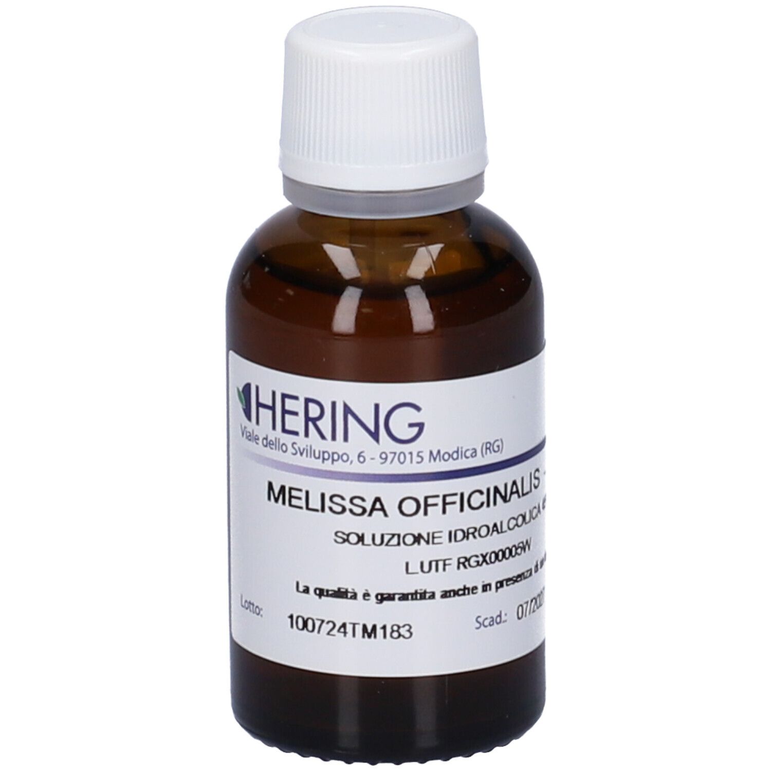 Flacone di vetro marrone con tappo bianco. Etichetta con testo: Hering, Melissa Officinalis, Soluzione Idroalcolica. Scadenza 07/2027.