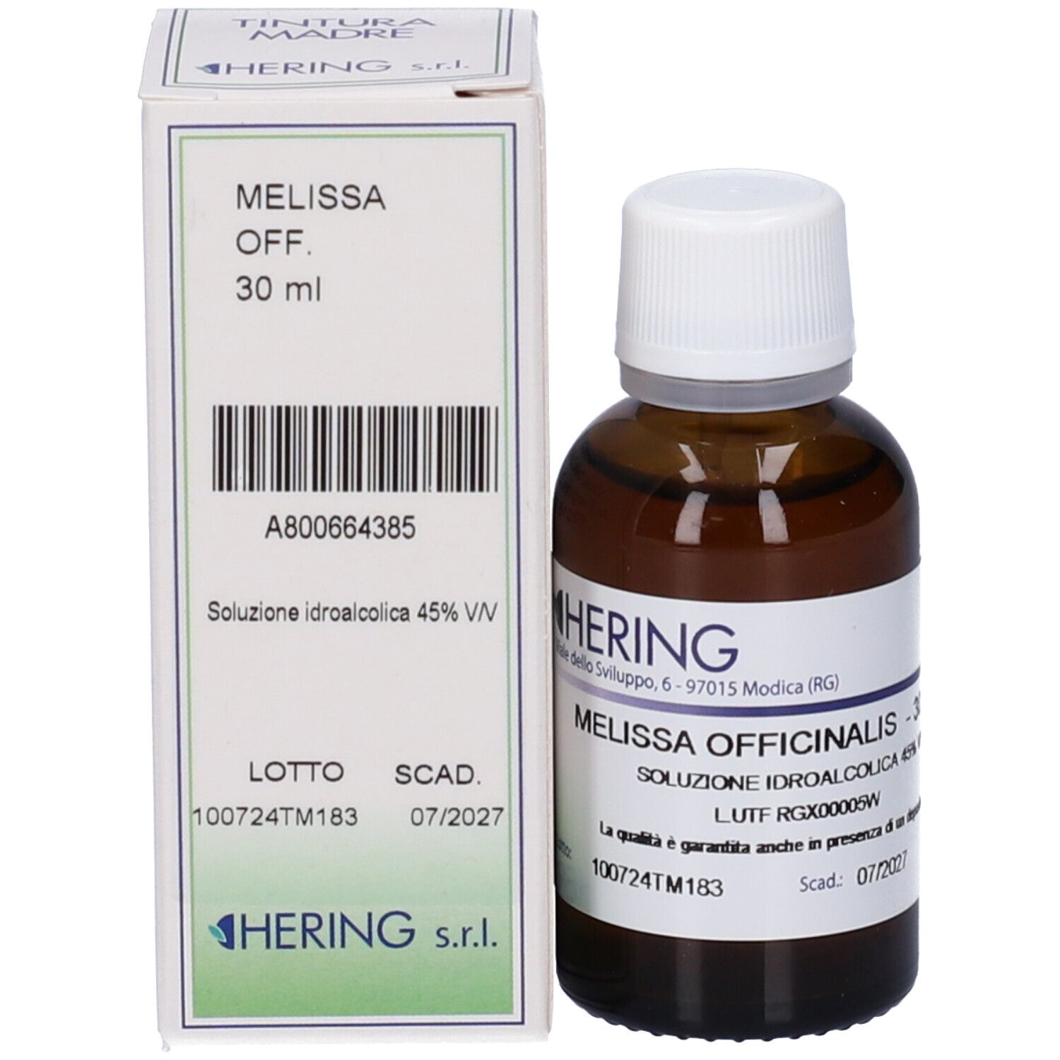 Flacone di vetro marrone e scatola. Scatola con testo: Melissa Off. 30 ml. Flacone con etichetta: Hering, Melissa Officinalis. Scadenza 07/2027.