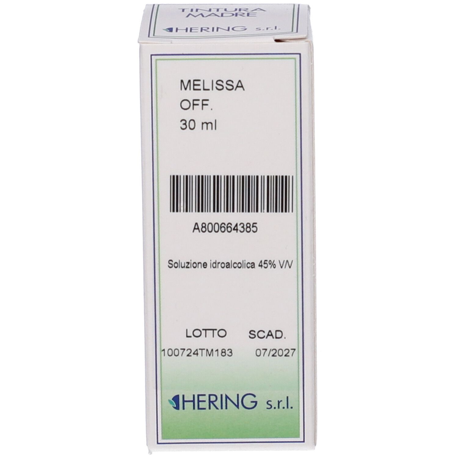 Scatola con testo: Melissa Off. 30 ml. Codice a barre e testo: Soluzione idroalcolica 45% V/V. Scadenza 07/2027.