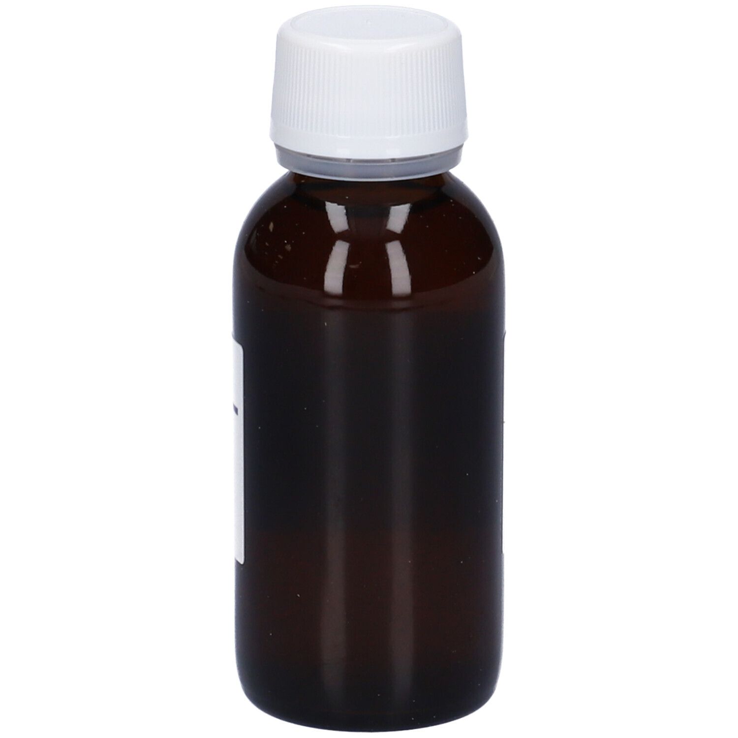 Flacone di vetro marrone con tappo bianco. Nessuna informazione sull'etichetta visibile.