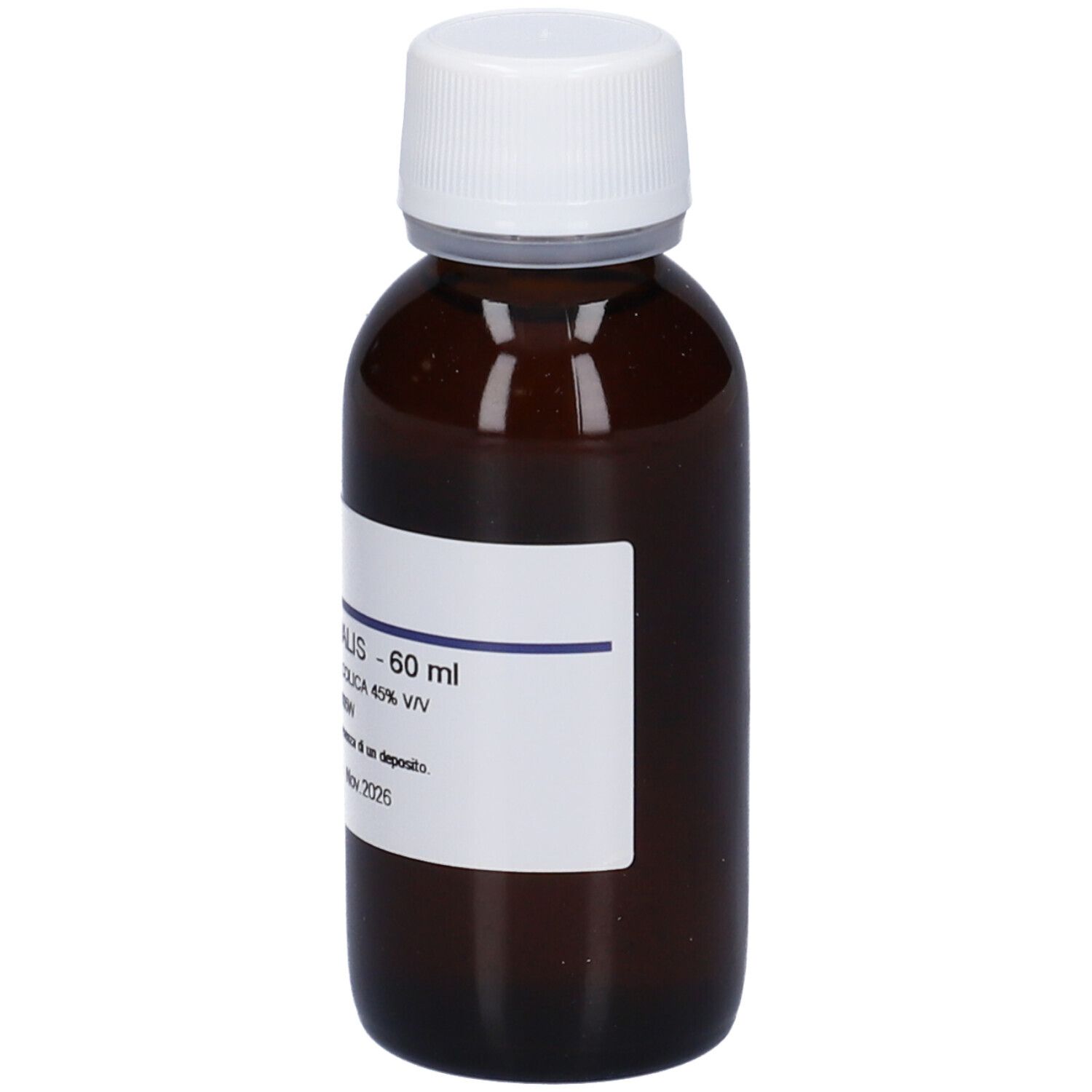 Flacone di vetro marrone con tappo bianco. Etichetta con informazioni sul prodotto. Melissa Officinalis 60ml.