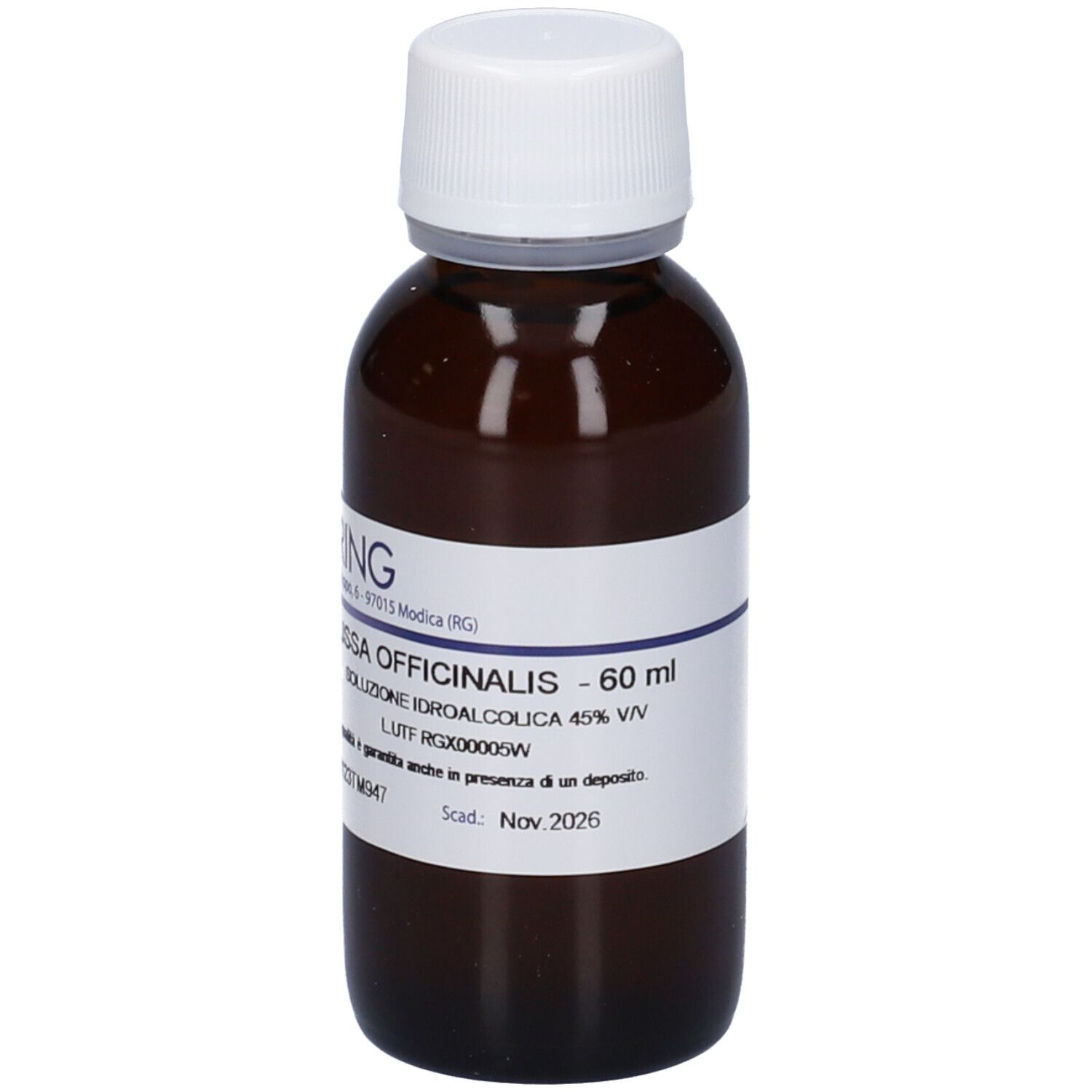 Flacone di vetro marrone con tappo bianco. Etichetta con informazioni sul prodotto. Melissa Officinalis 60ml.