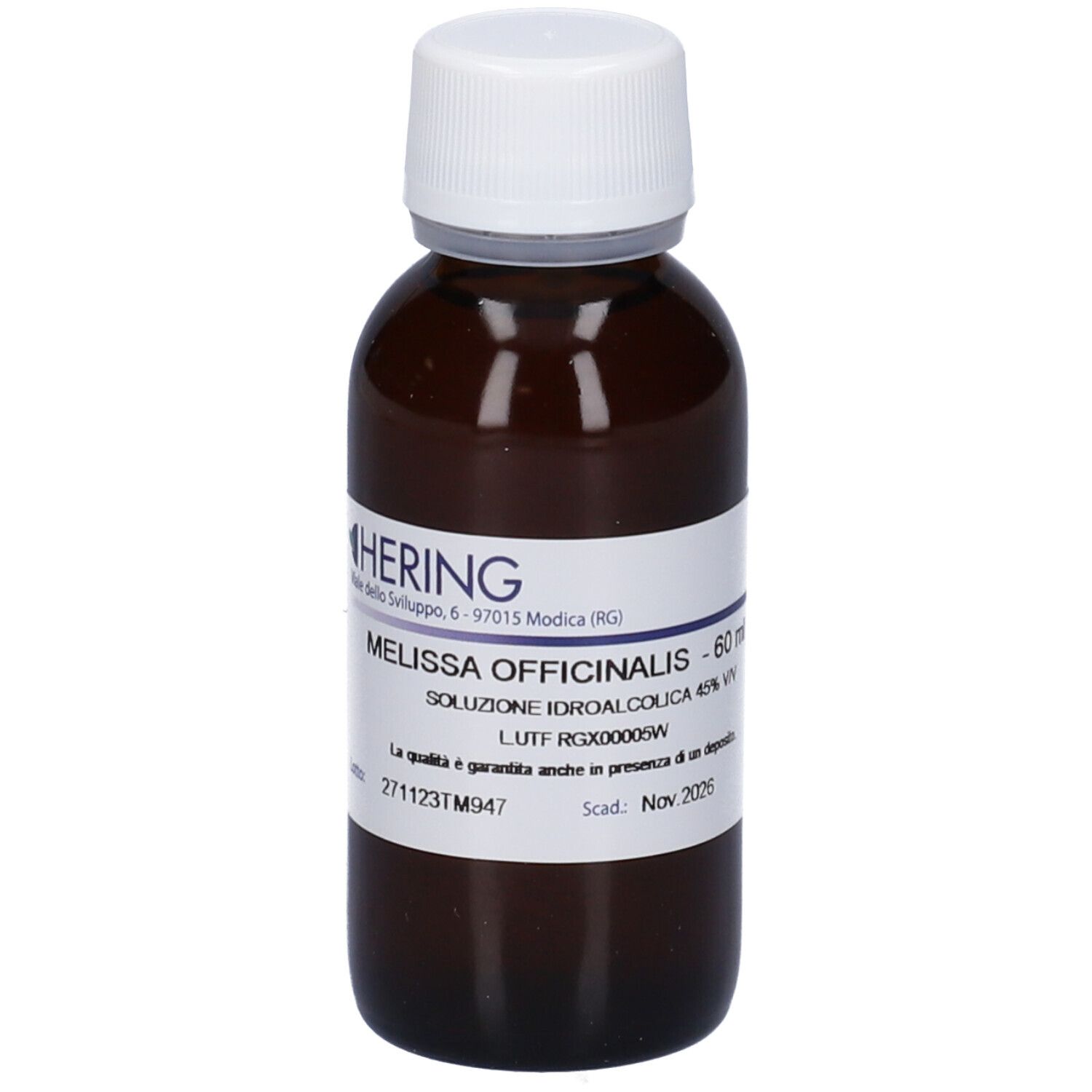 Flacone di vetro marrone con tappo bianco. Etichetta con informazioni sul prodotto. Melissa Officinalis 60ml.