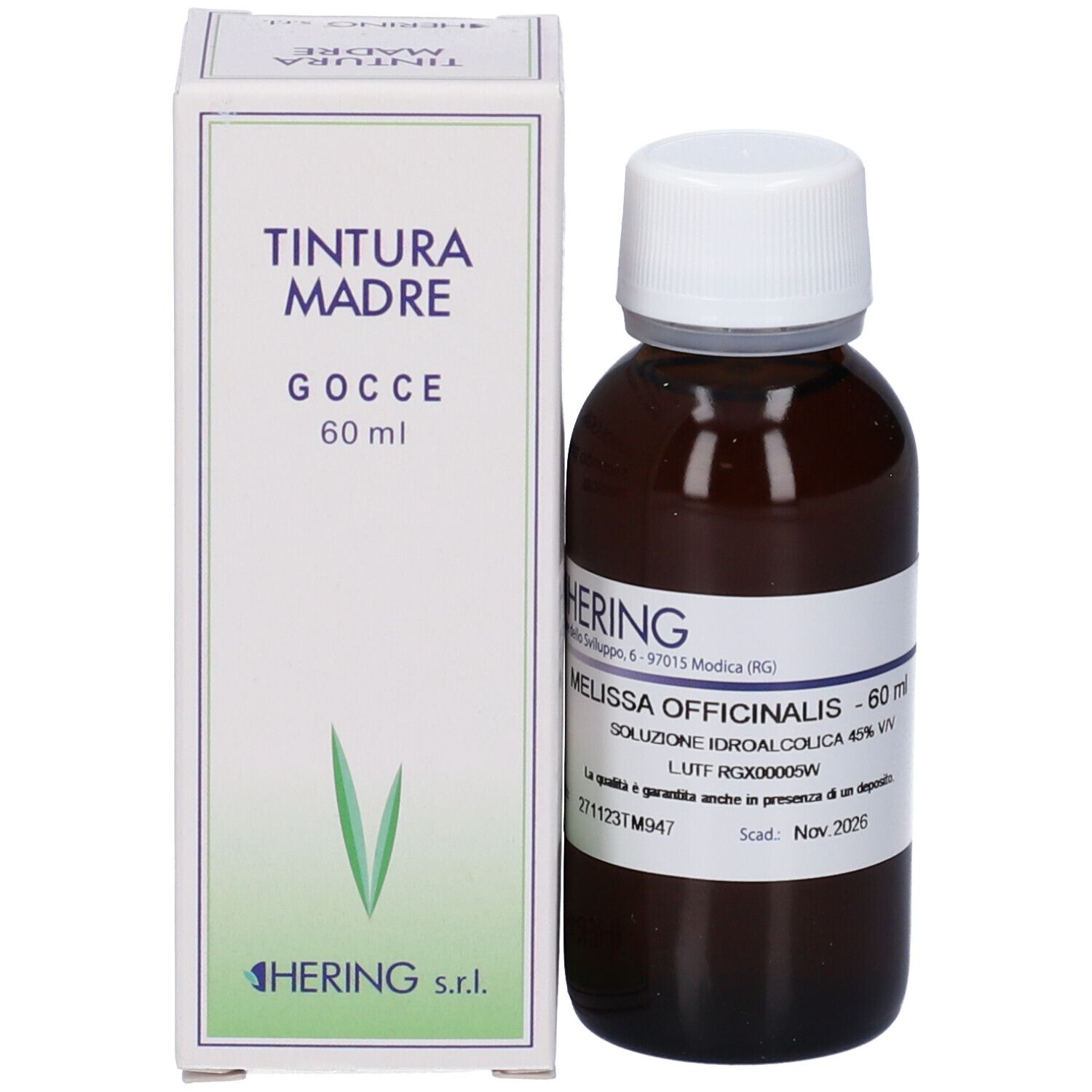 Flacone di vetro marrone con tappo bianco e scatola. Scatola con nome del prodotto e logo. Flacone: Melissa Officinalis 60ml.