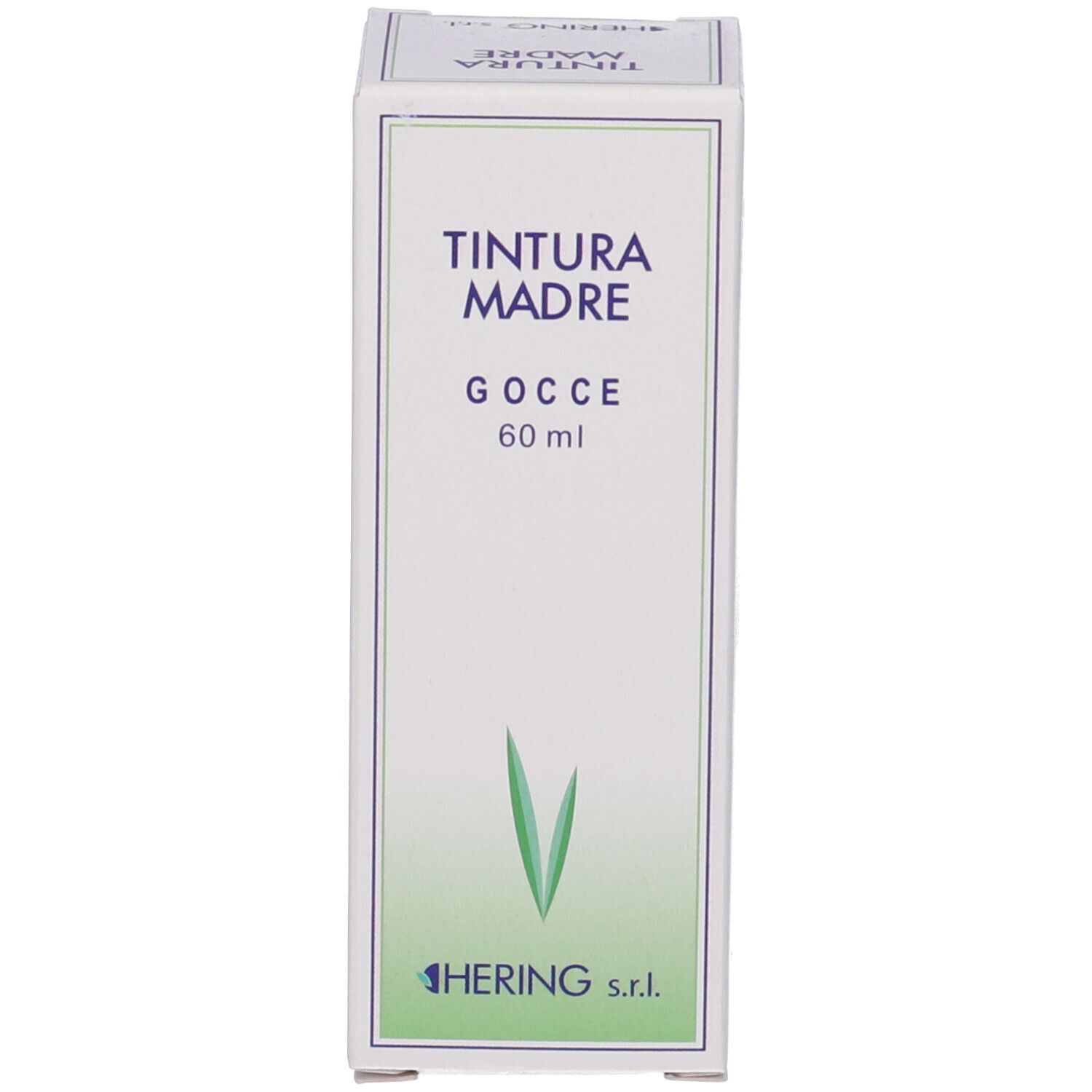 Scatola con nome del prodotto e logo. Prodotto: Tintura Madre Gocce 60ml. Logo verde.