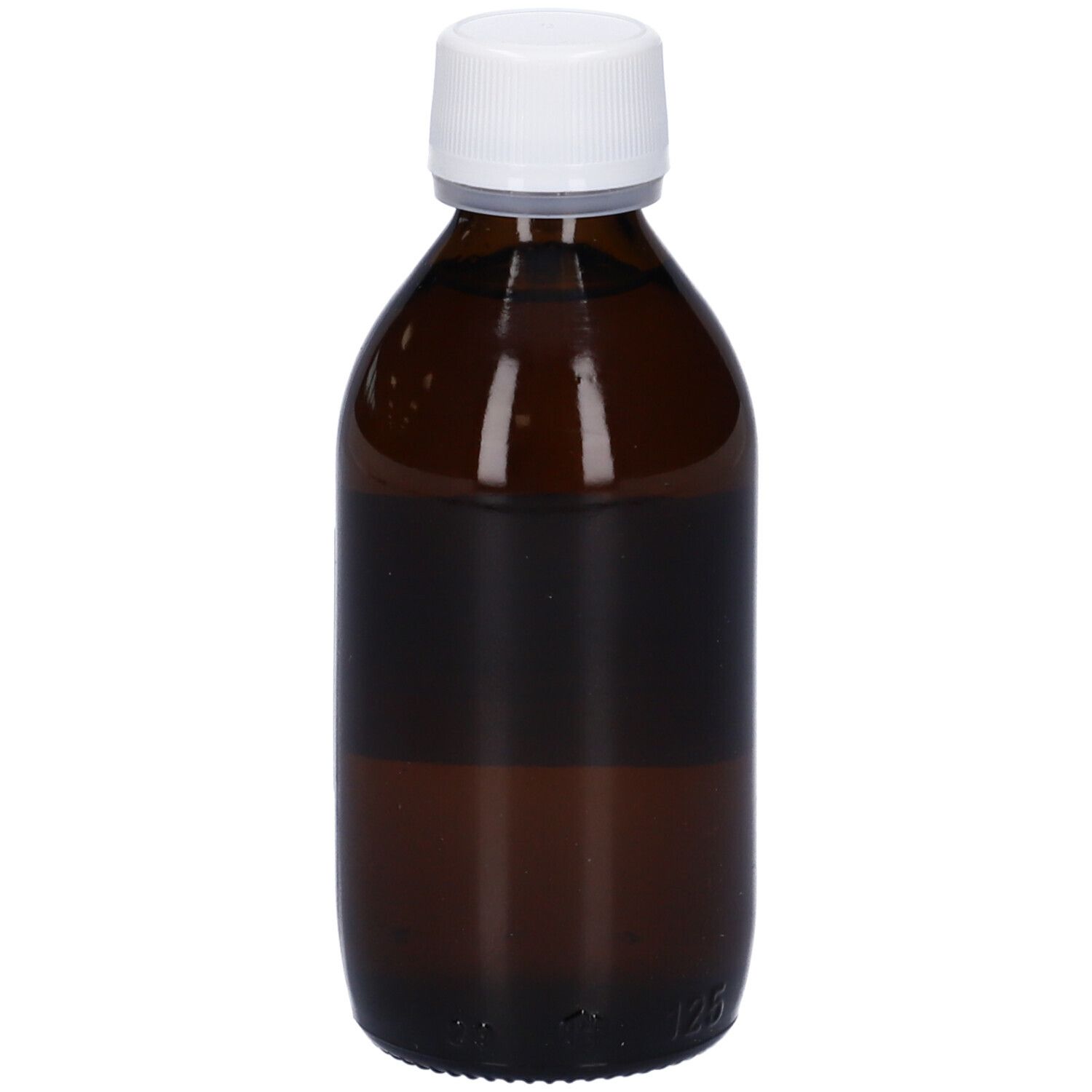 Flacone di vetro marrone con tappo bianco. Liquido visibile. Scritta in italiano.