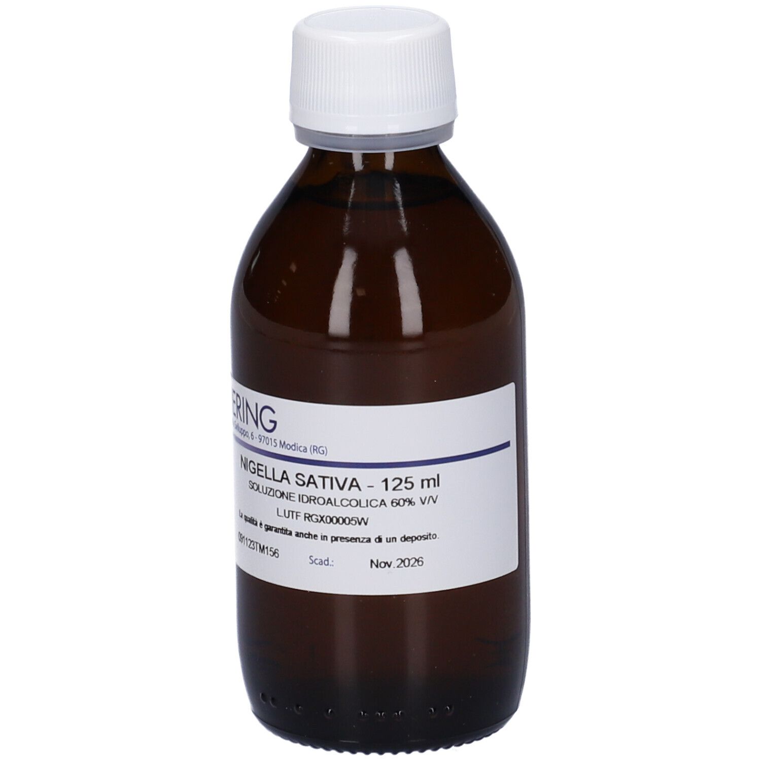 Flacone di vetro marrone con tappo bianco. Etichetta con testo: Nigella Sativa, 125 ml. Scritta in italiano.