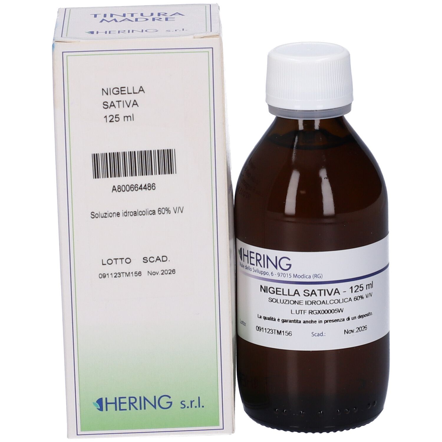 Flacone di vetro marrone con tappo bianco e scatola. Scritta: HERING, Nigella Sativa, 125 ml. Scritta in italiano.
