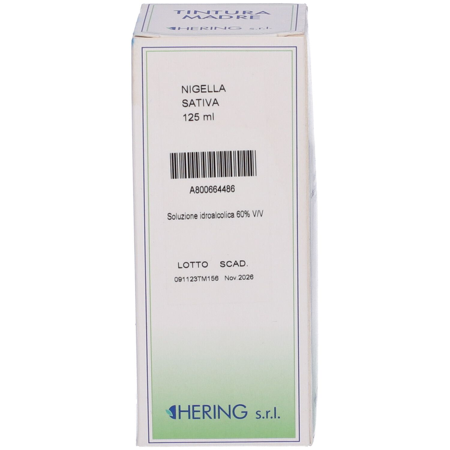 Scatola con testo: Nigella Sativa, 125 ml. Scritta in italiano. Logo HERING.