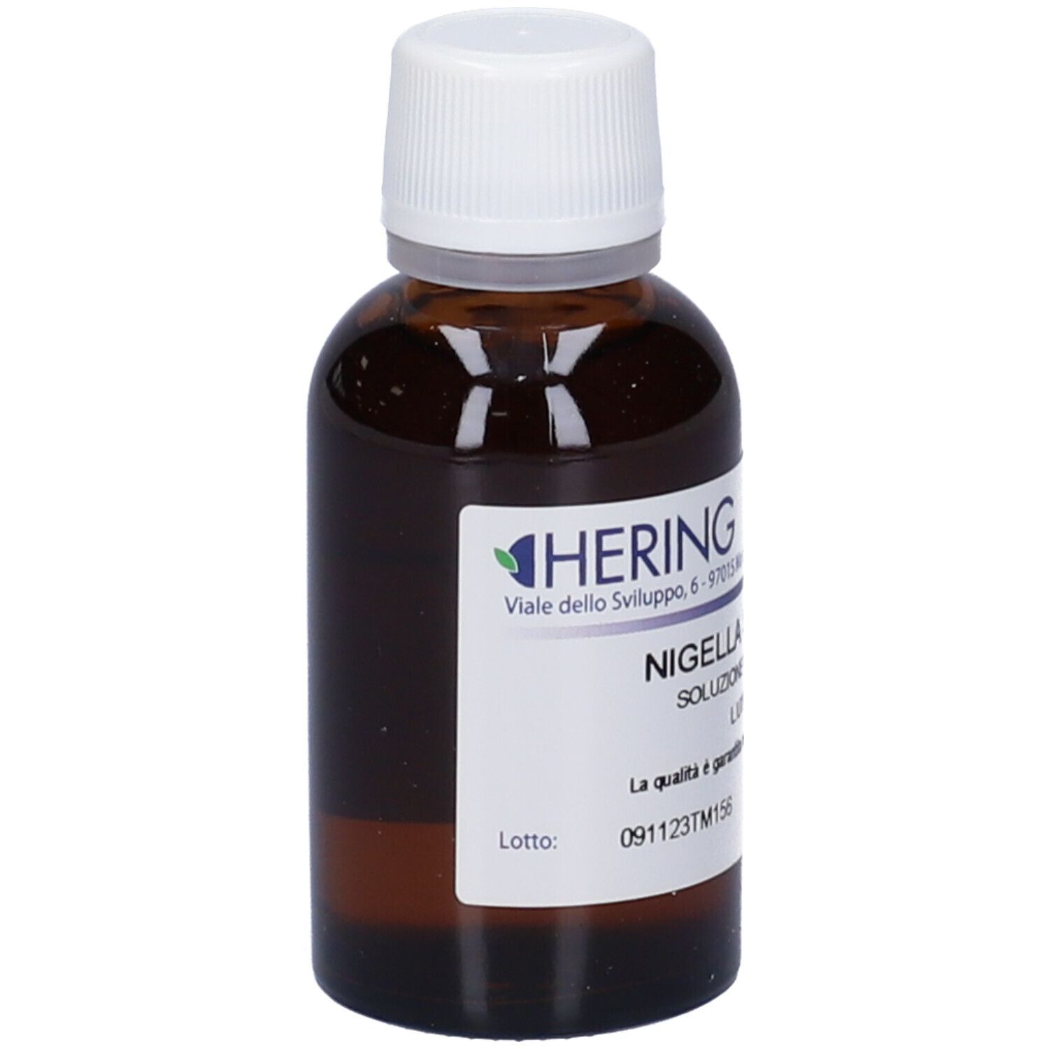 Flacone di vetro marrone con tappo bianco. Etichetta con testo: Nigella Sativa. Produttore: HERING. Stampa: 091123TM156.