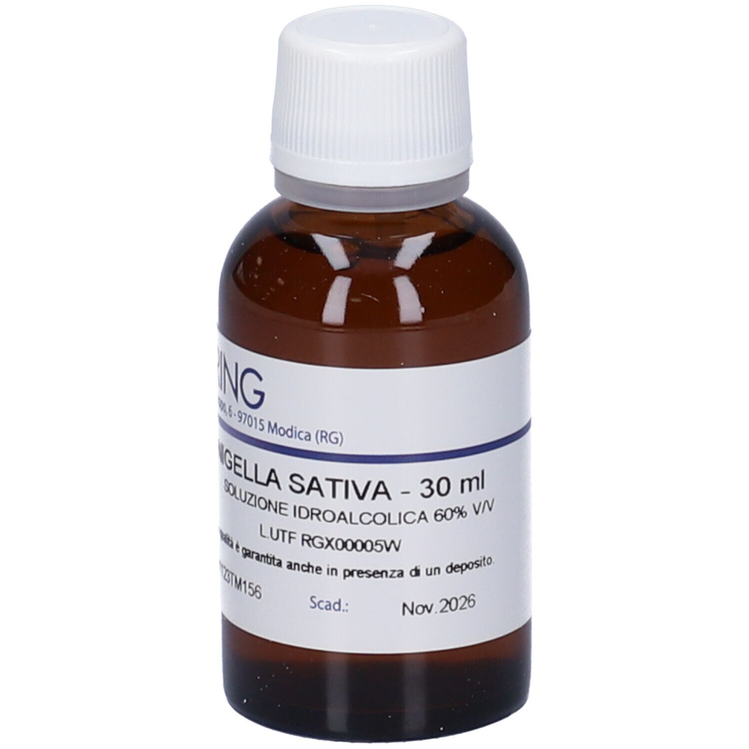 Flacone di vetro marrone con tappo bianco. Etichetta con testo: Nigella Sativa - 30 ml. Scad.: Nov 2026. Produttore: HERING.