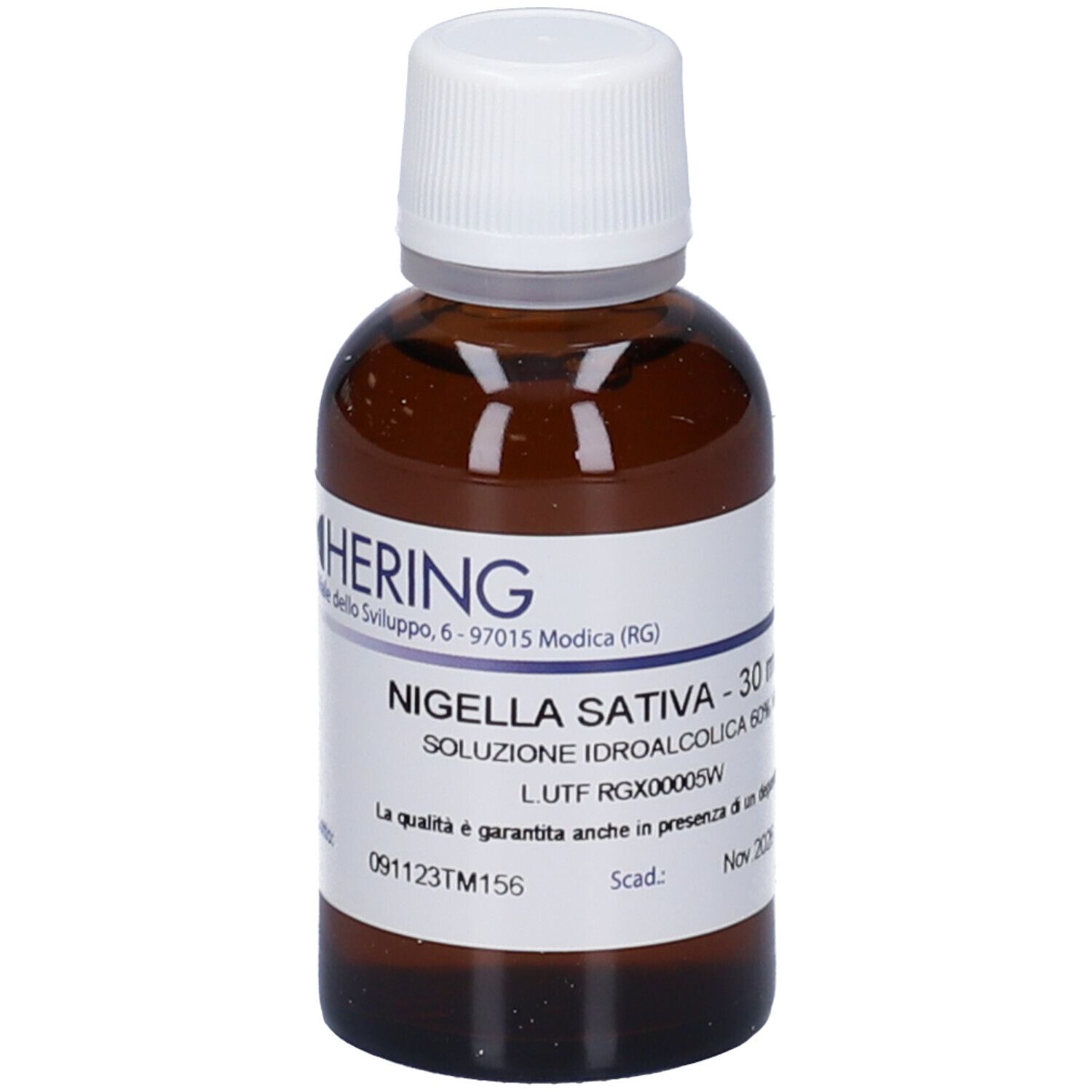 Flacone di vetro marrone con tappo bianco. Etichetta con testo: Nigella Sativa - 30 ml. Produttore: HERING. Scad.: Nov 2026.