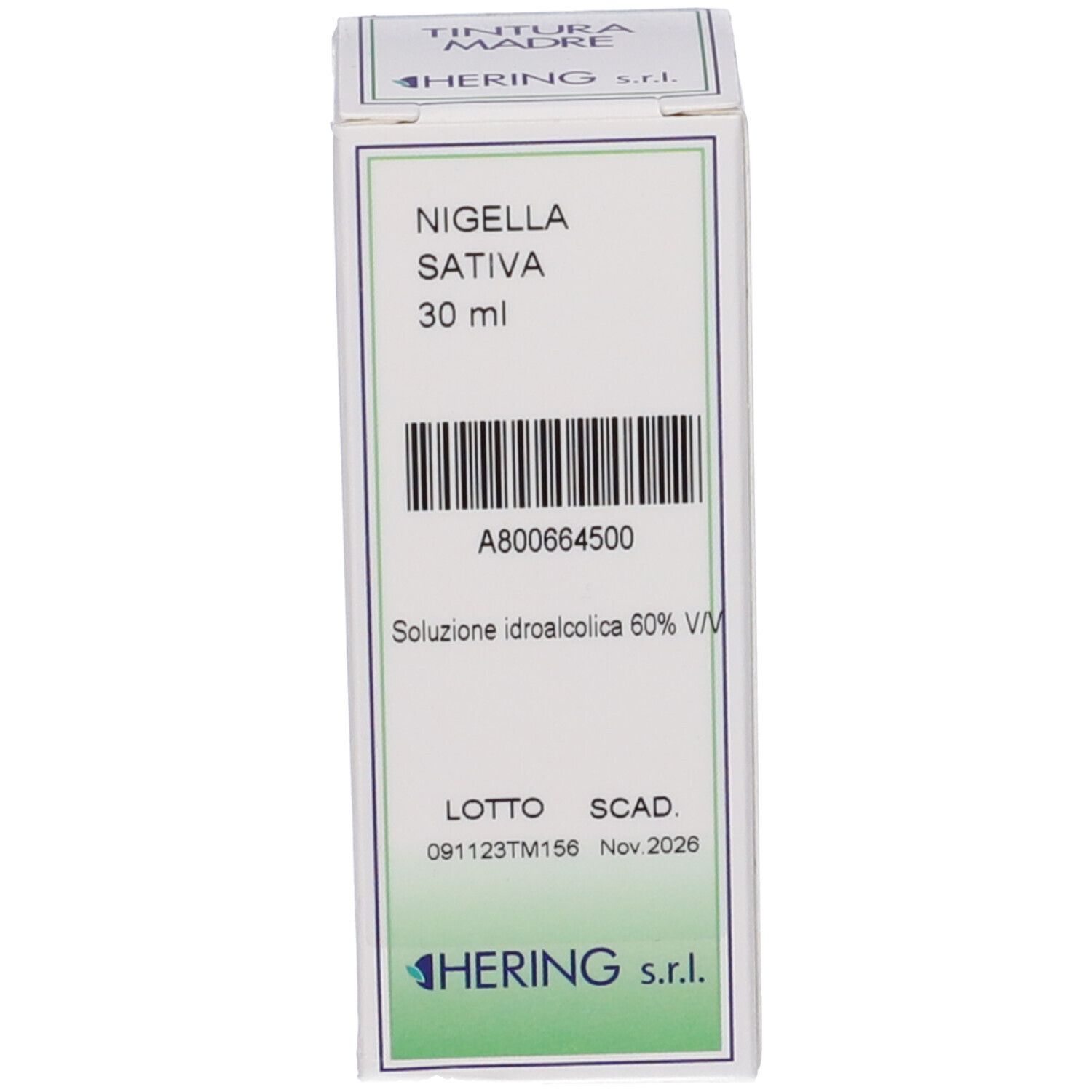 Scatola con testo: Nigella Sativa, 30 ml. Produttore: HERING. Scad.: Nov 2026. Codice a barre.