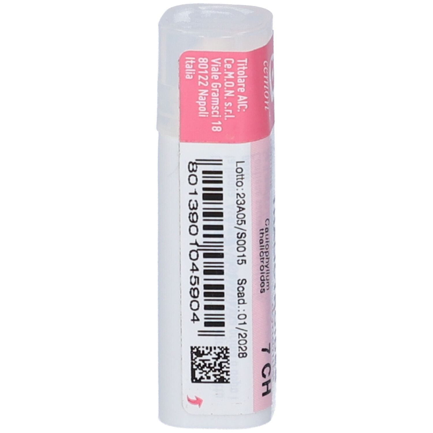 Flacone cilindrico bianco con etichetta rosa. Scritta: Caulophyllum Thalictr. 7 CH. Codice a barre e data di scadenza.