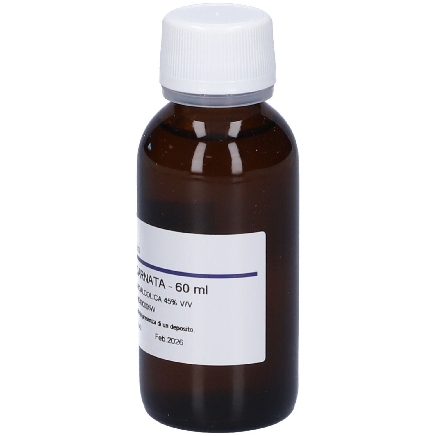 Flacone di vetro marrone con tappo bianco. Etichetta con nome del prodotto e informazioni. Marca: Hering. Scadenza febbraio 2026.