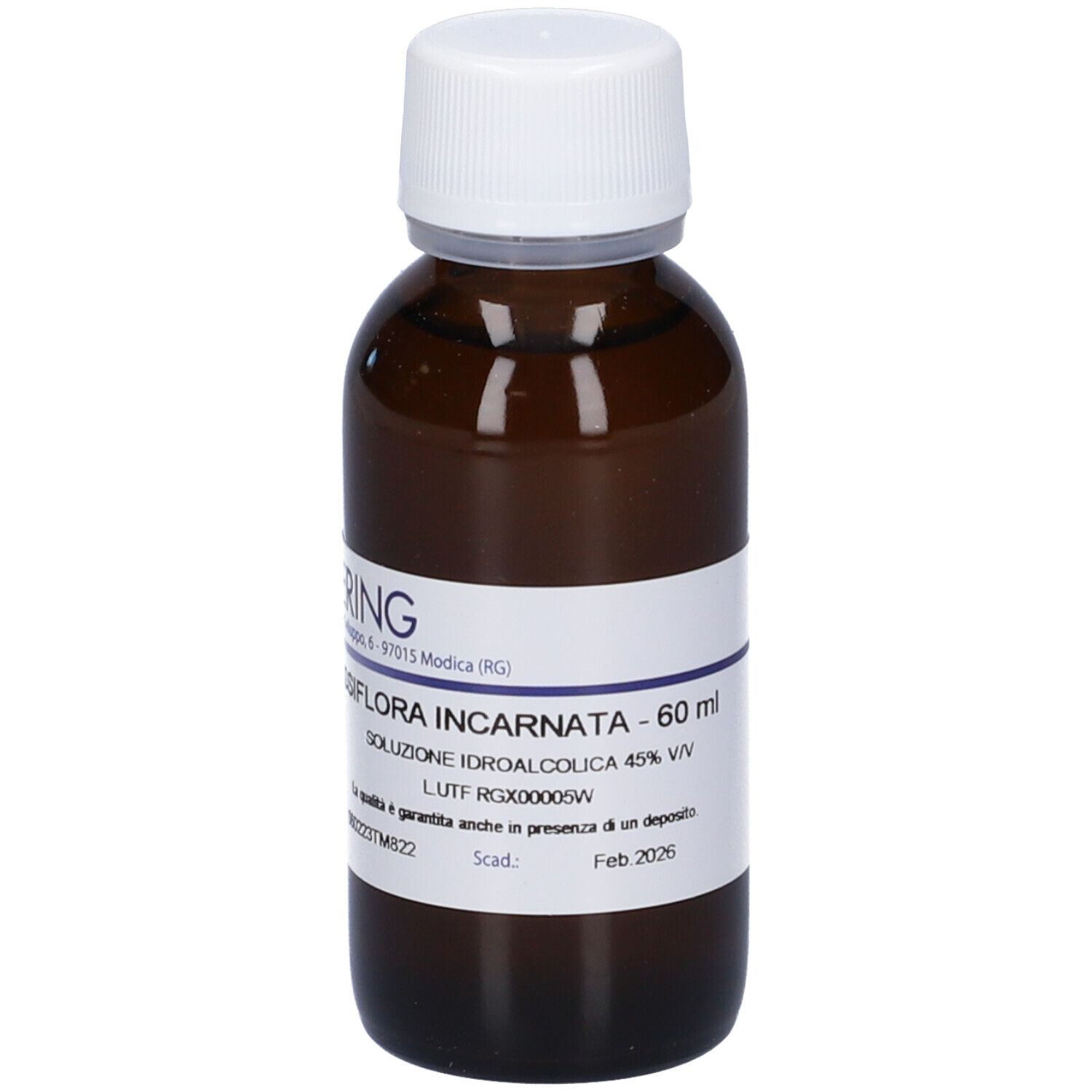 Flacone di vetro marrone con tappo bianco. Etichetta con nome del prodotto e informazioni. Marca: Hering. Scadenza febbraio 2026.