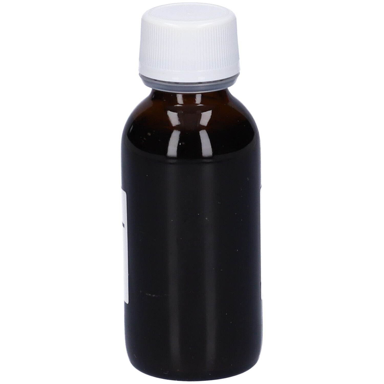 Flacone di vetro marrone con tappo bianco. Nessun dettaglio dell'etichetta visibile.