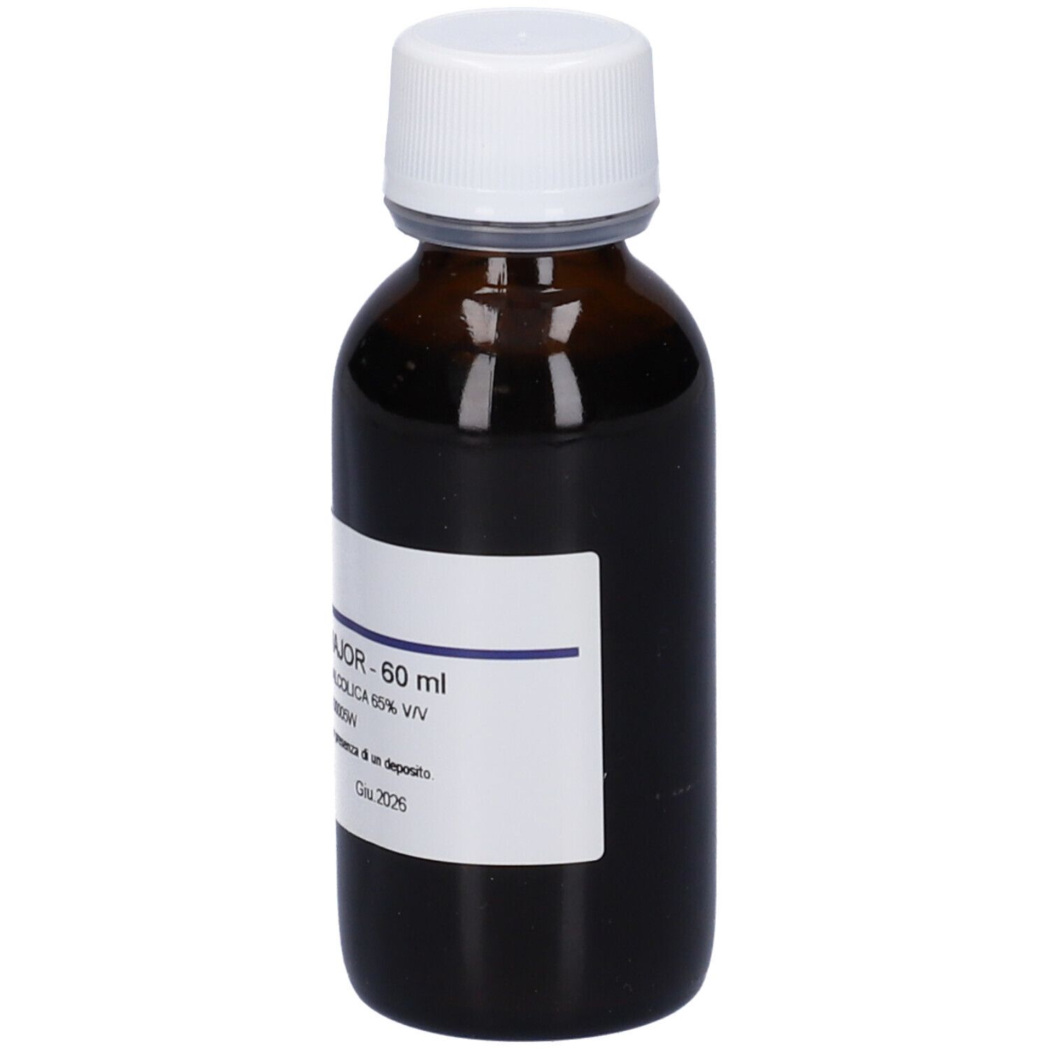 Flacone di vetro marrone con tappo bianco ed etichetta. L'etichetta indica MAJOR - 60 ml. Marchio: HERING.