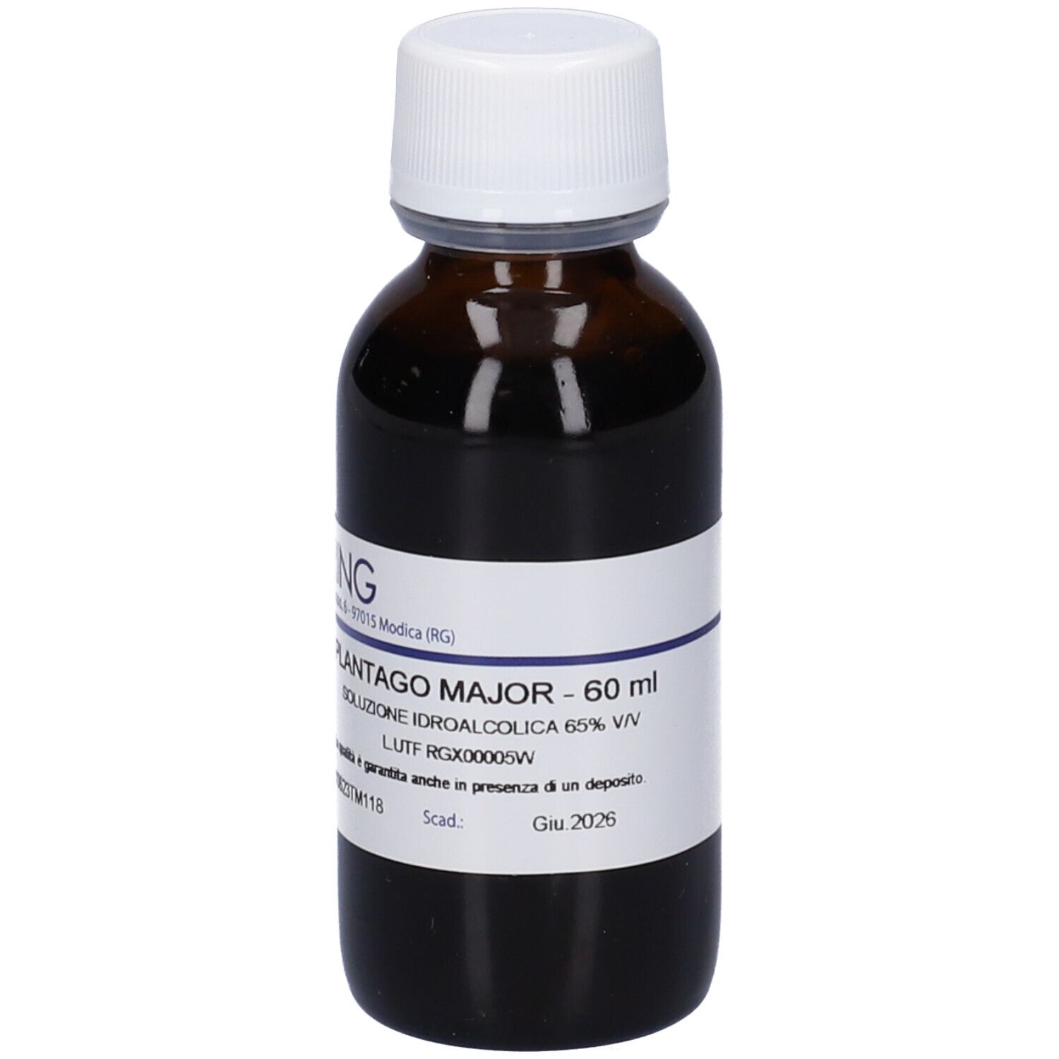 Flacone di vetro marrone con tappo bianco ed etichetta. L'etichetta indica PLANTAGO MAJOR - 60 ml. Marchio: HERING.