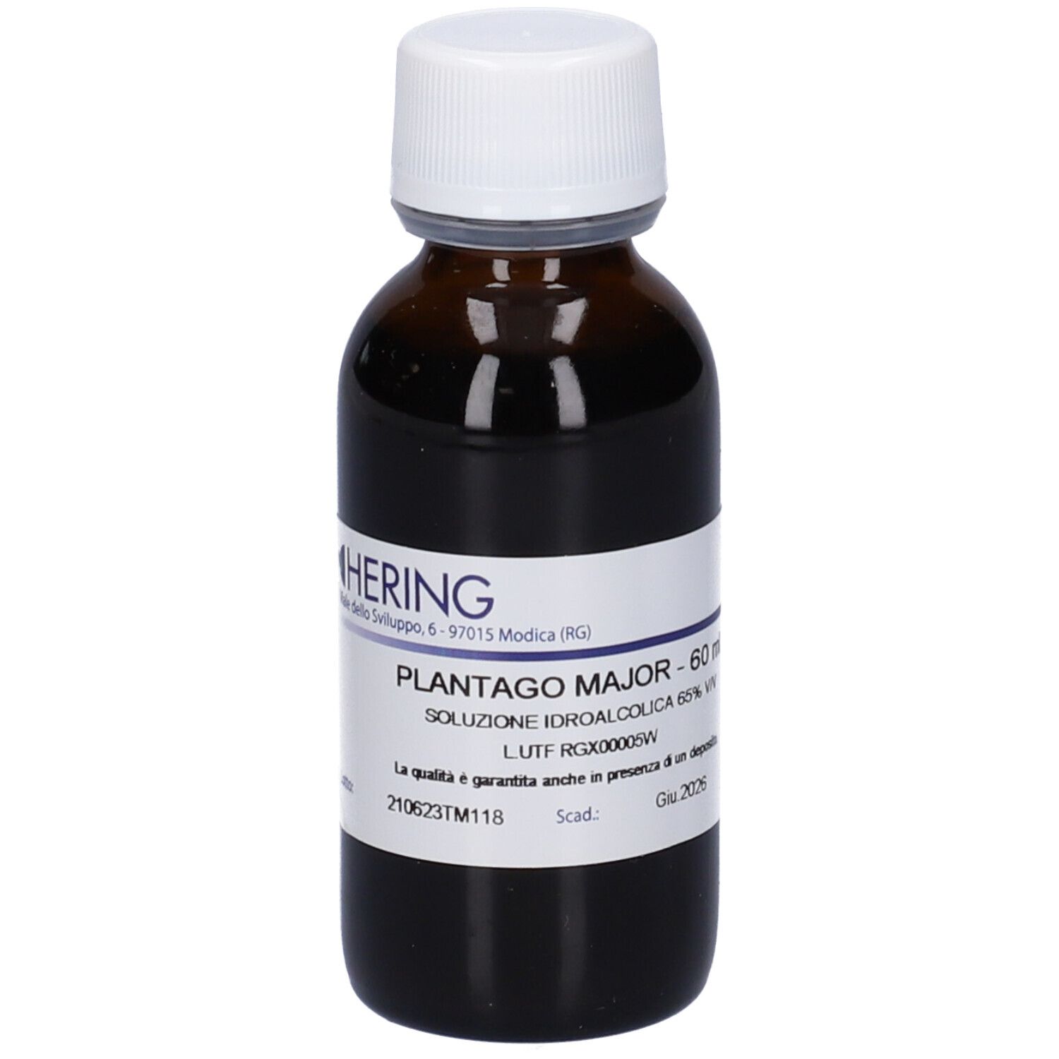 Flacone di vetro marrone con tappo bianco ed etichetta. L'etichetta indica PLANTAGO MAJOR - 60 ml. Marchio: HERING.