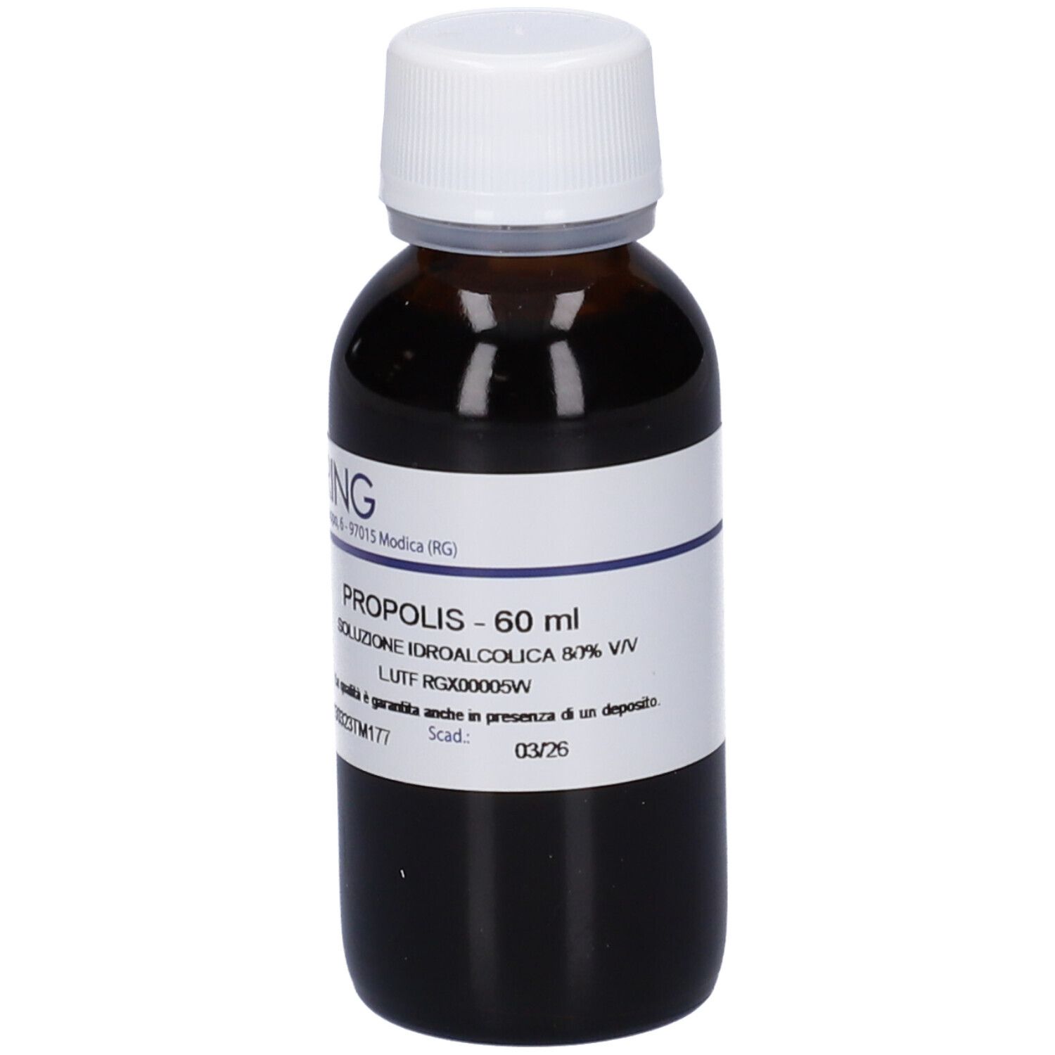 Flacone di vetro marrone con tappo bianco ed etichetta. Scritta: PROPOLIS, 60 ml, soluzione, 80% V/V. Marchio HERING.