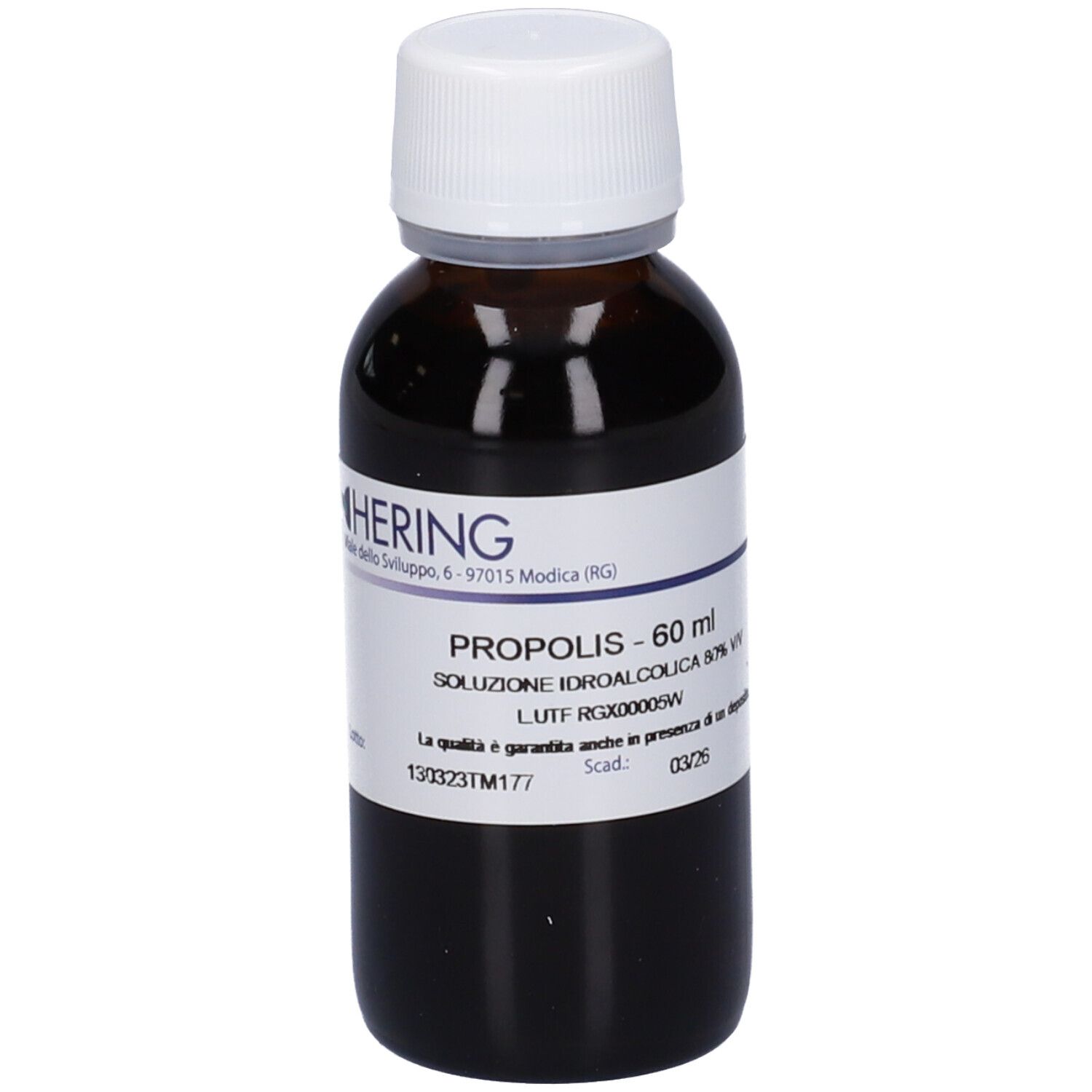 Flacone di vetro marrone con tappo bianco ed etichetta. Scritta: PROPOLIS, 60 ml, soluzione, 80% V/V. Marchio HERING.