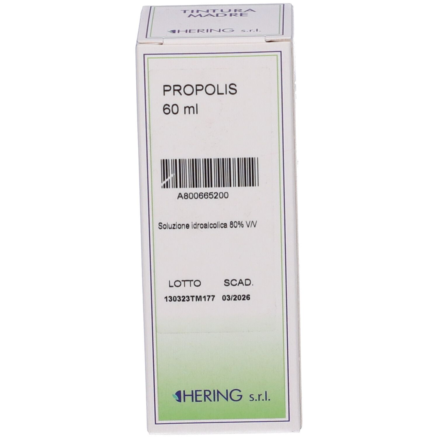 Scatola con scritta: PROPOLIS, 60 ml. Marchio HERING. Codice a barre e testo. Soluzione idroalcolica 80% V/V.