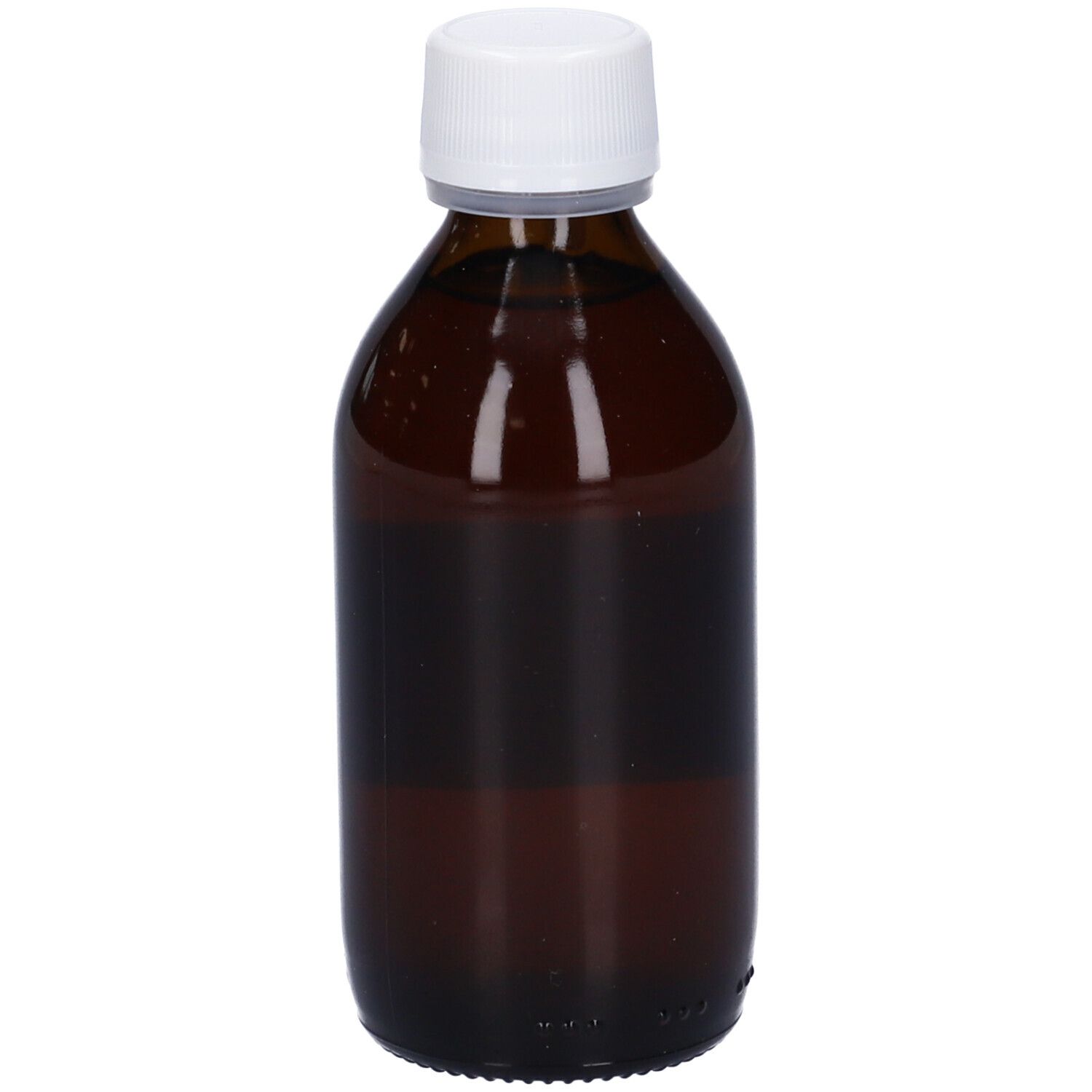 Flacone in vetro marrone con tappo bianco. Liquido visibile. Nessuna scritta.