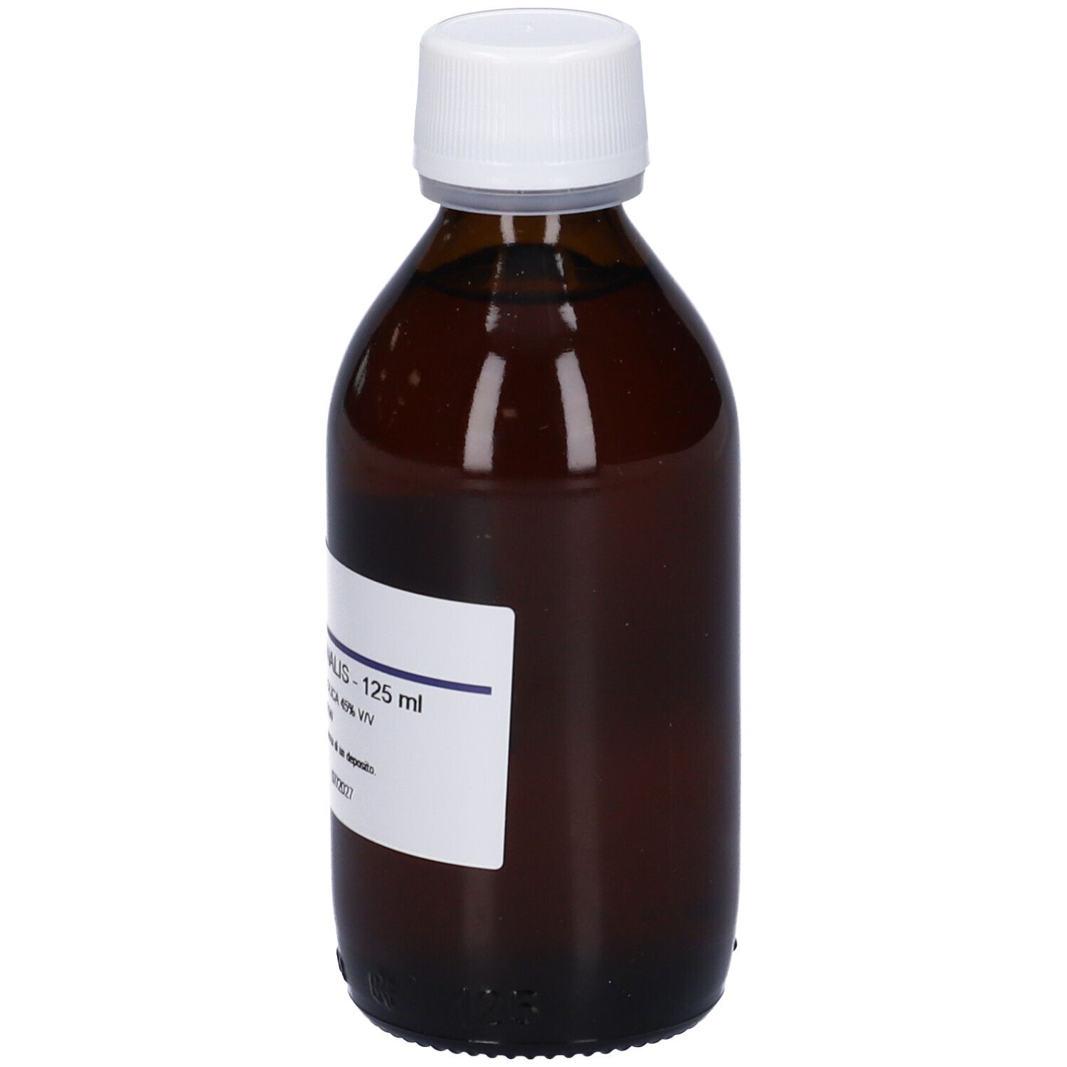Flacone in vetro marrone con tappo bianco ed etichetta. Scritta: 125 ml, Rosmarinus Officinalis.
