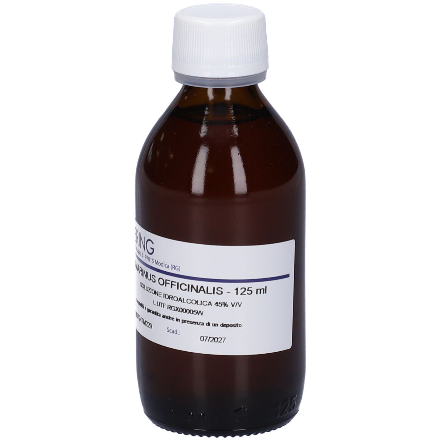 Flacone in vetro marrone con tappo bianco ed etichetta. Scritta: HERING, Rosmarinus Officinalis, 125 ml.