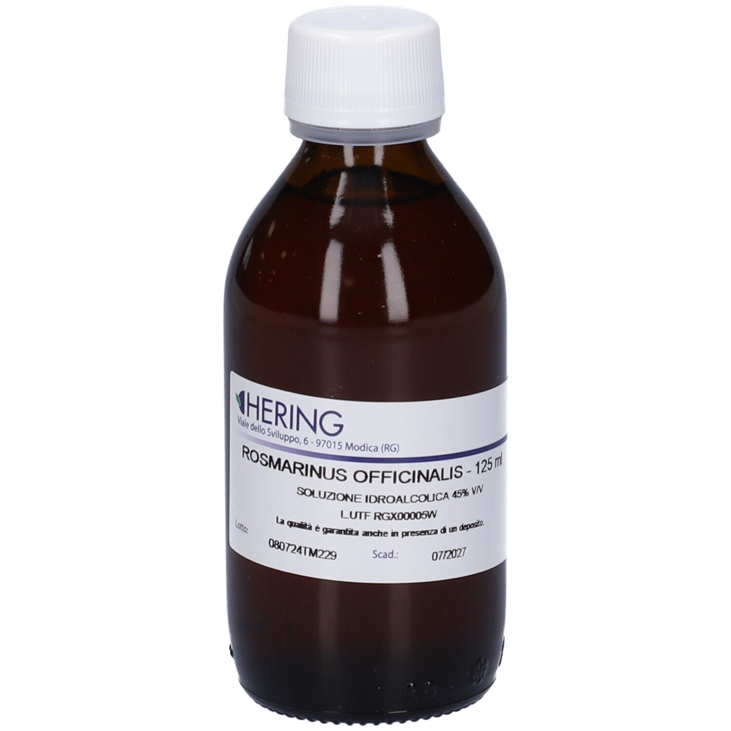 Flacone in vetro marrone con tappo bianco ed etichetta. Scritta: HERING, Rosmarinus Officinalis, 125 ml.