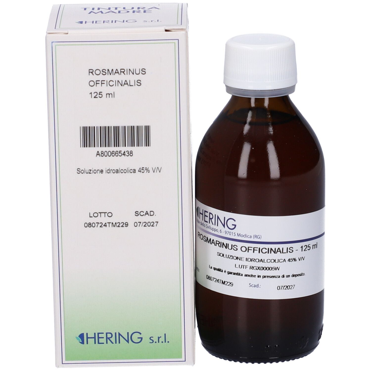 Flacone e scatola. Flacone: marrone, tappo bianco, etichetta. Scatola: bianca, scritta.