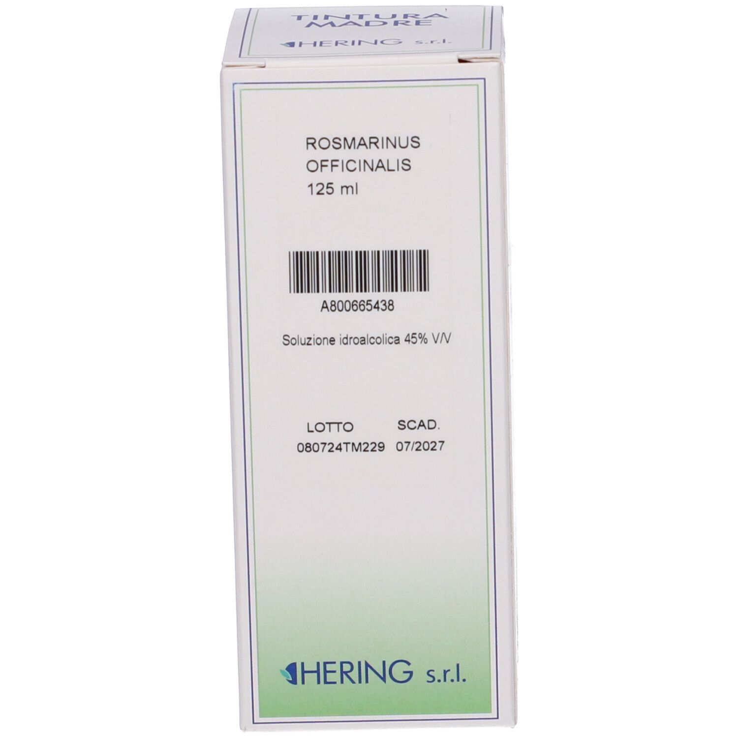 Confezione bianca del prodotto. Scritta: Rosmarinus Officinalis, 125 ml, HERING.