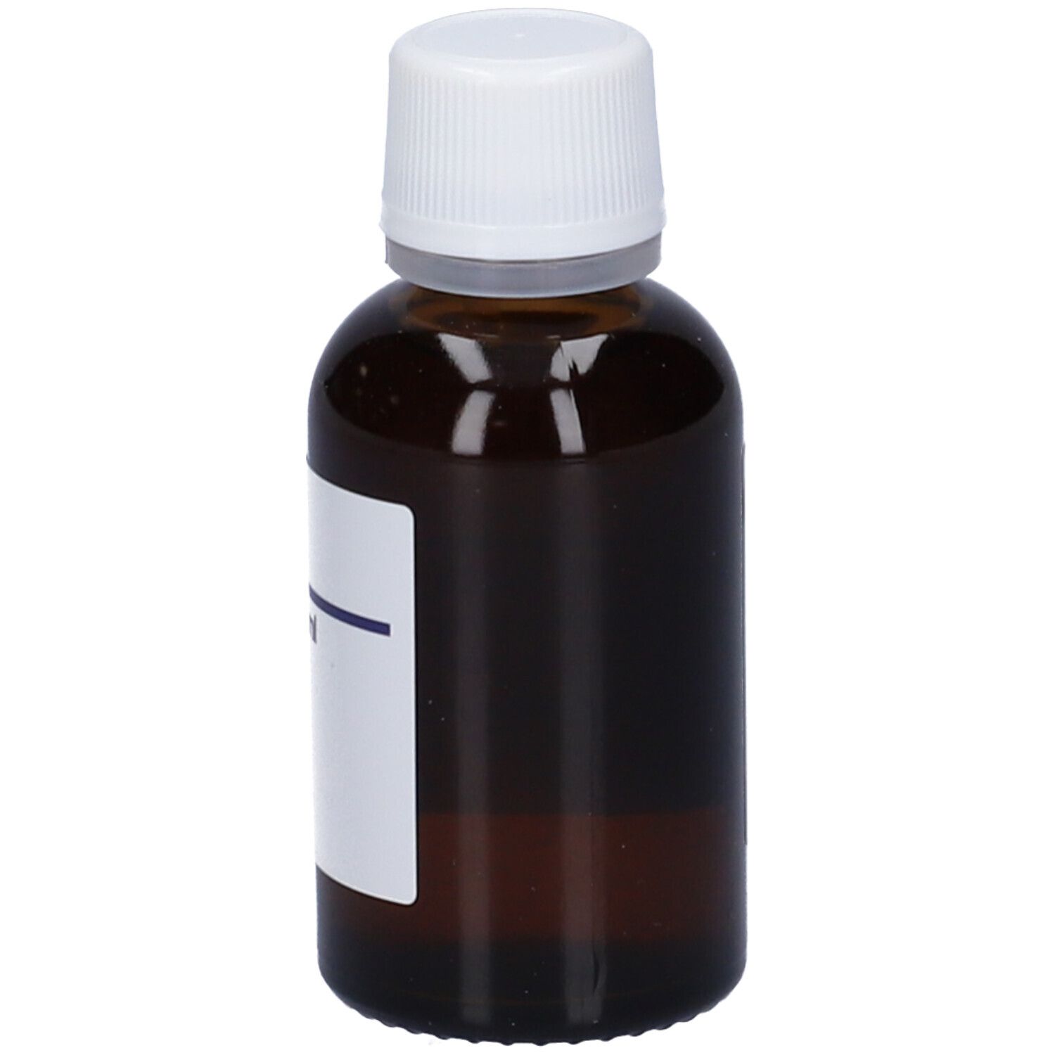 Flacone di vetro marrone con tappo bianco ed etichetta. Scritta illeggibile.