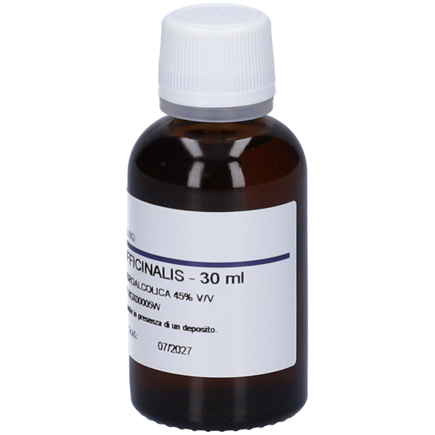 Flacone di vetro marrone con tappo bianco ed etichetta. Scritta: Rosmarinus Officinalis - 30 ml.