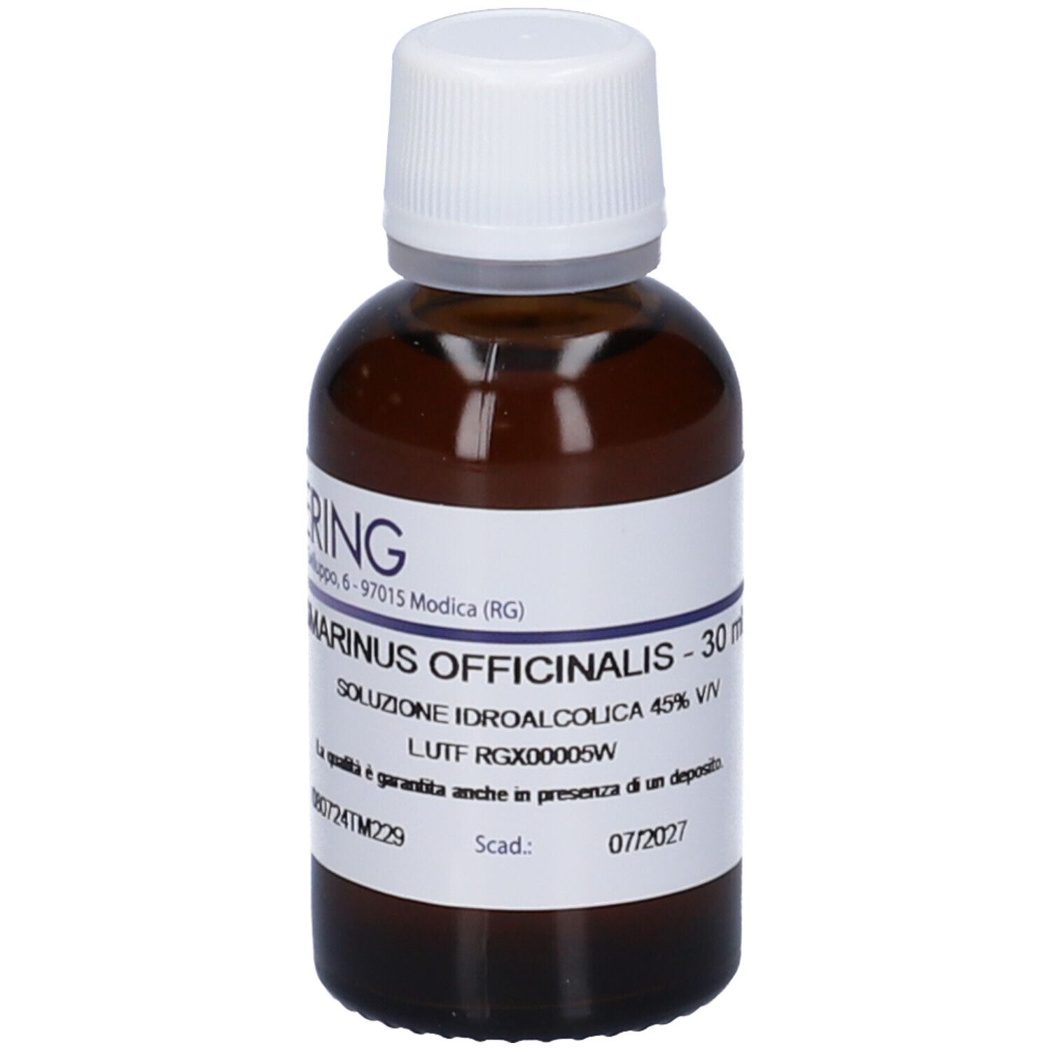 Flacone di vetro marrone con tappo bianco ed etichetta. Scritta: Rosmarinus Officinalis - 30 ml.