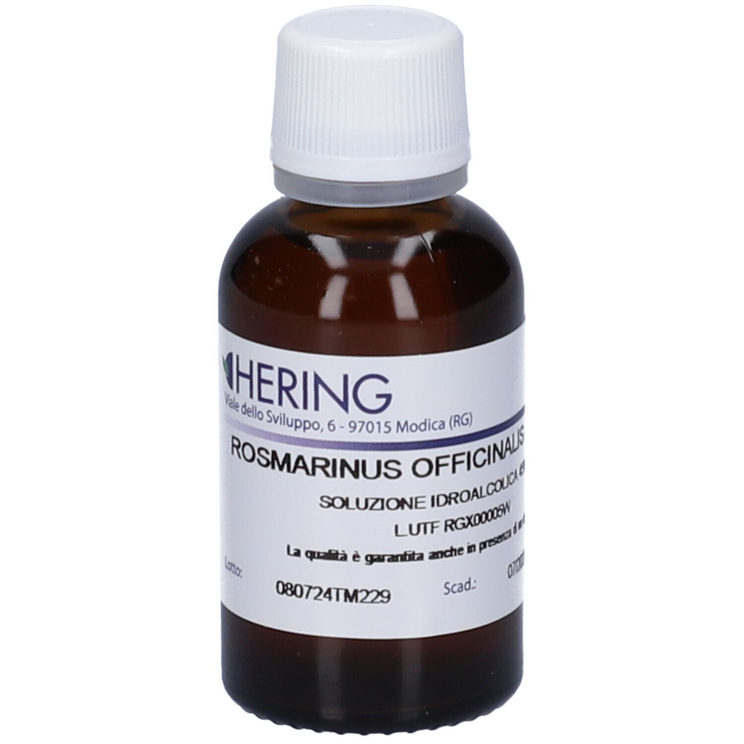 Flacone di vetro marrone con tappo bianco ed etichetta. Scritta: Rosmarinus Officinalis, soluzione.