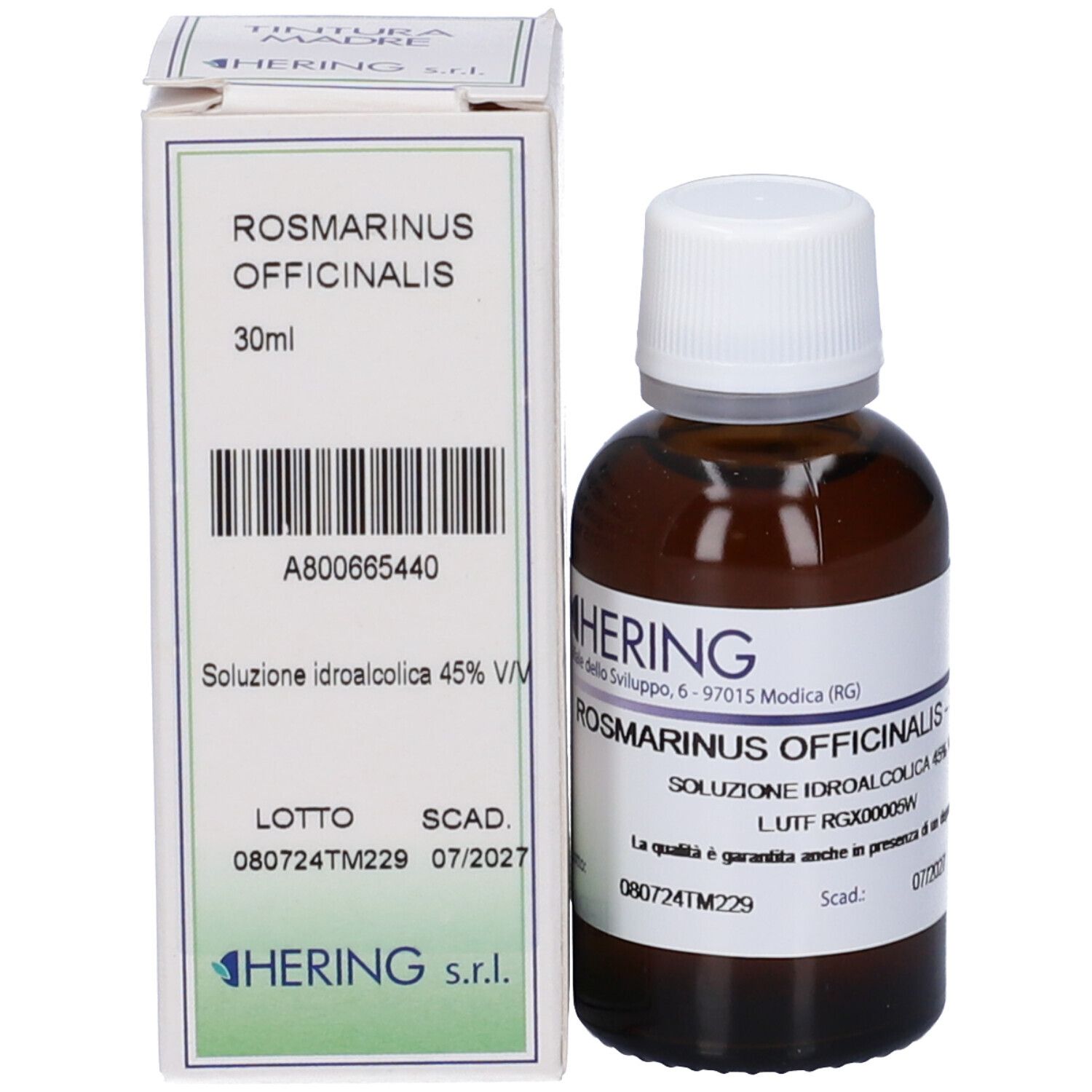 Flacone di vetro marrone con tappo bianco ed etichetta, accanto a una scatola bianca. Scritta: Rosmarinus Officinalis.