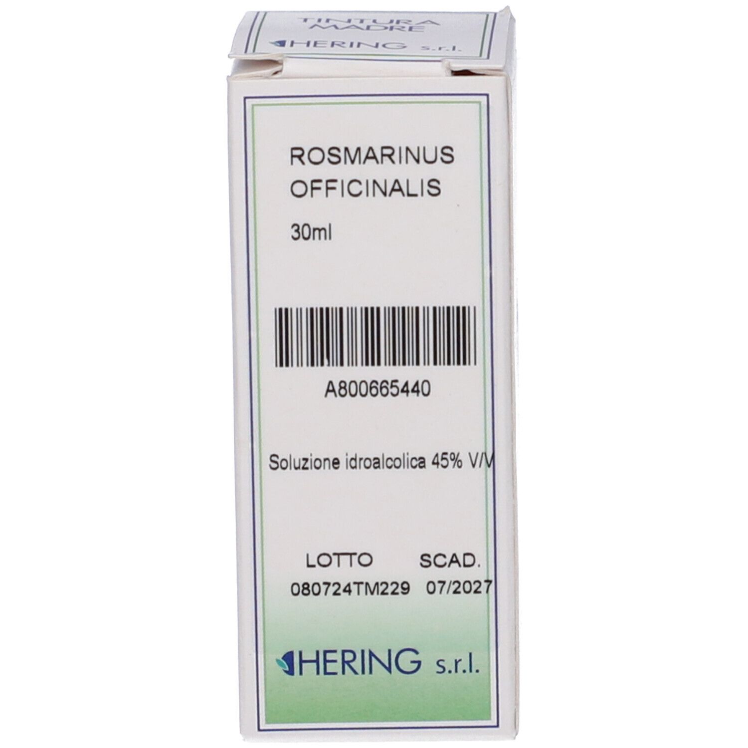 Scatola bianca con scritta: Rosmarinus Officinalis, 30ml. Logo: HERING s.r.l.