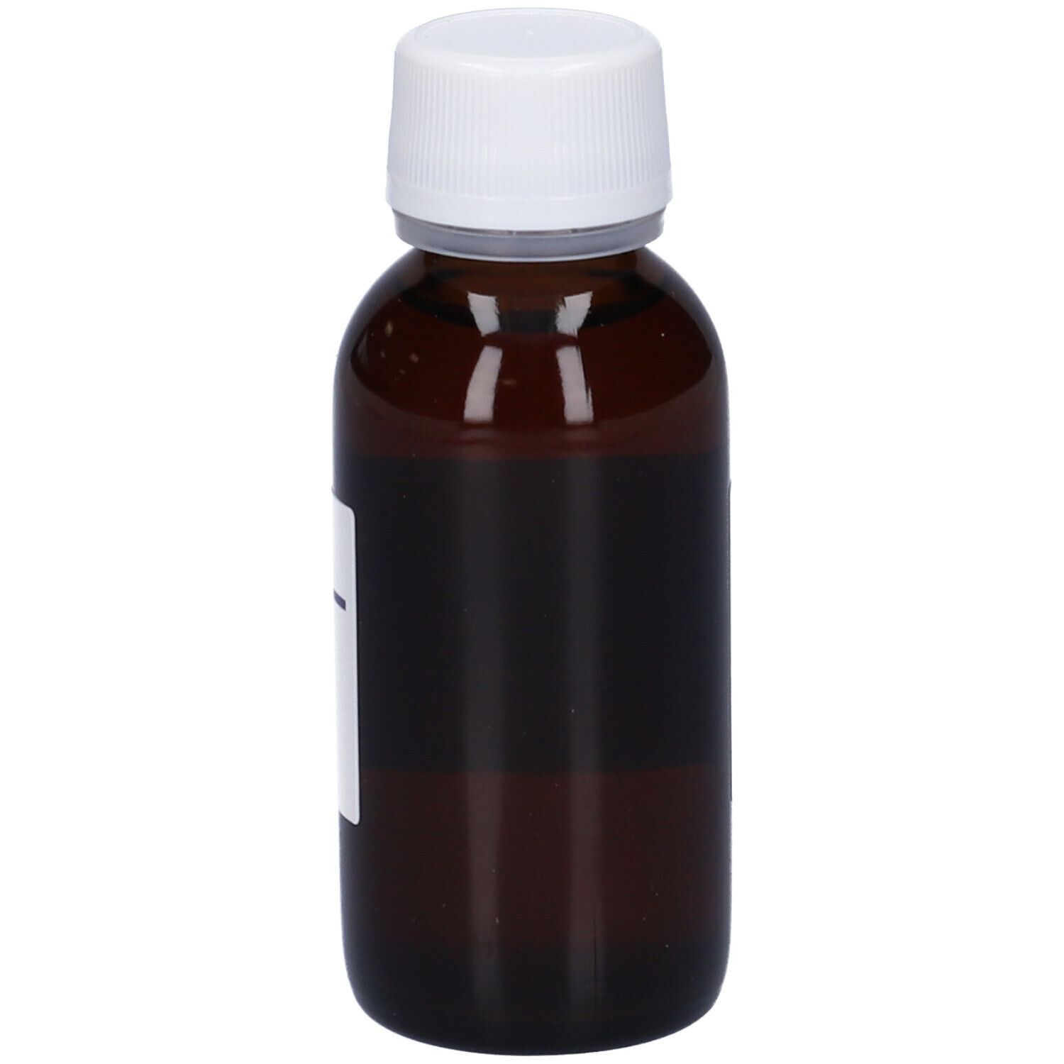 Flacone di vetro marrone con tappo bianco. Etichetta con testo. HERING Rosmarinus Officinalis.