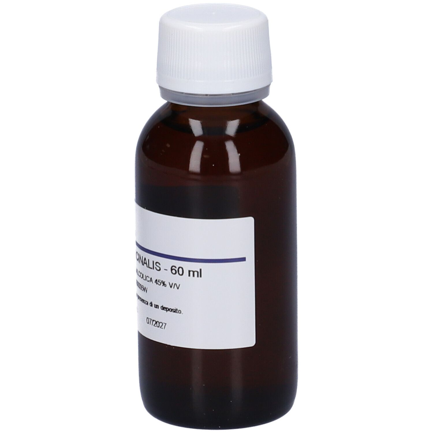 Flacone di vetro marrone con tappo bianco. Etichetta con testo. Rosmarinus Officinalis - 60 ml.