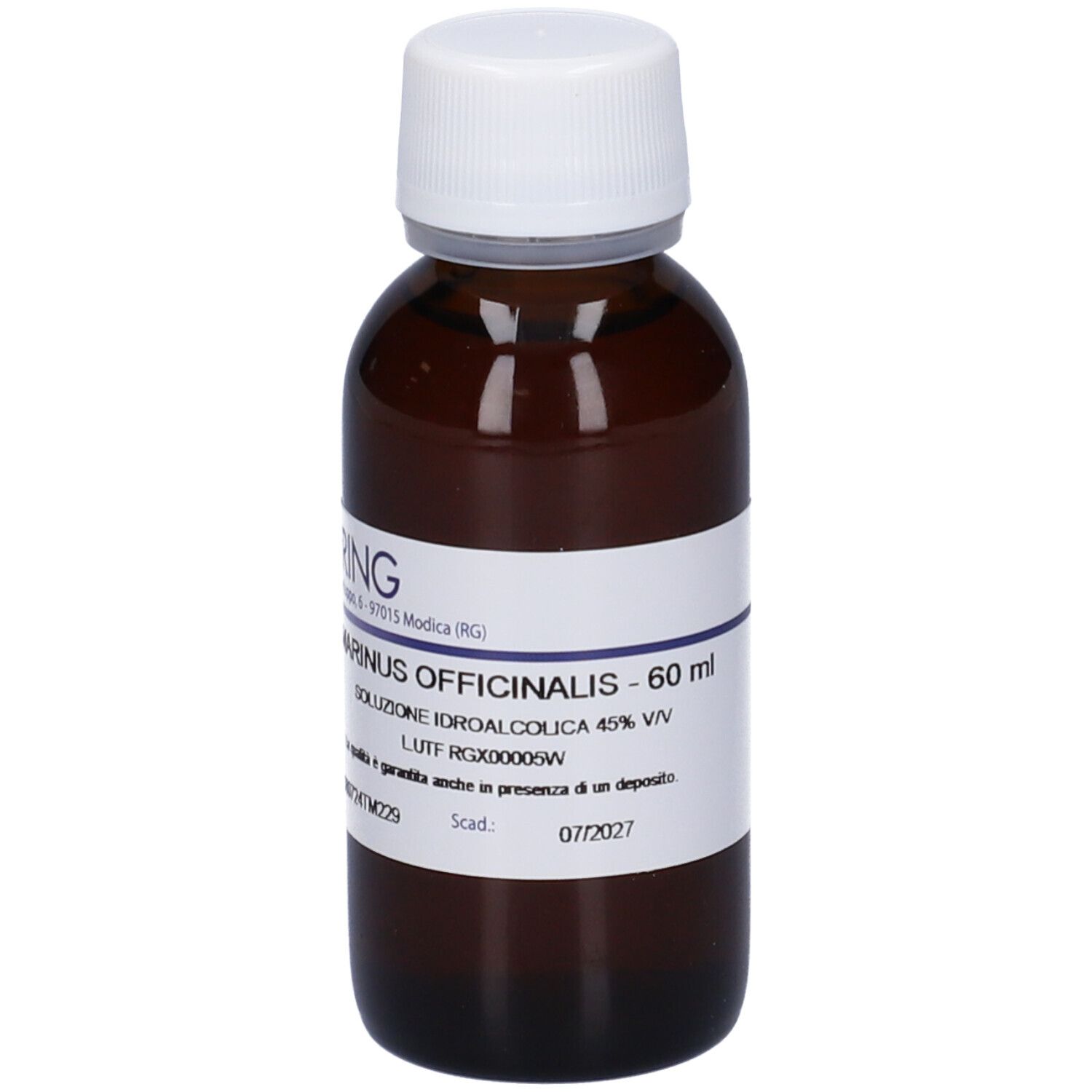 Flacone di vetro marrone con tappo bianco. Etichetta con testo. Rosmarinus Officinalis - 60 ml.